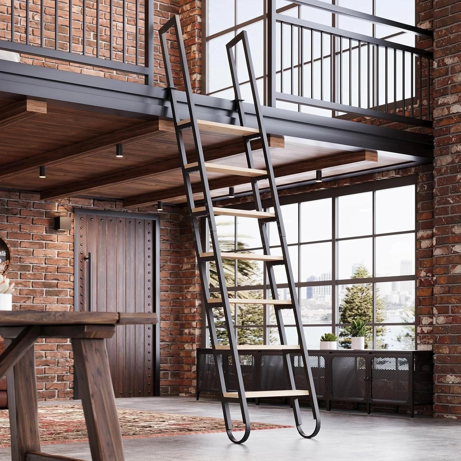 9.35FT Industrial Style Loft Ladder, 7 Steps with Black Steel Handrails & Solid