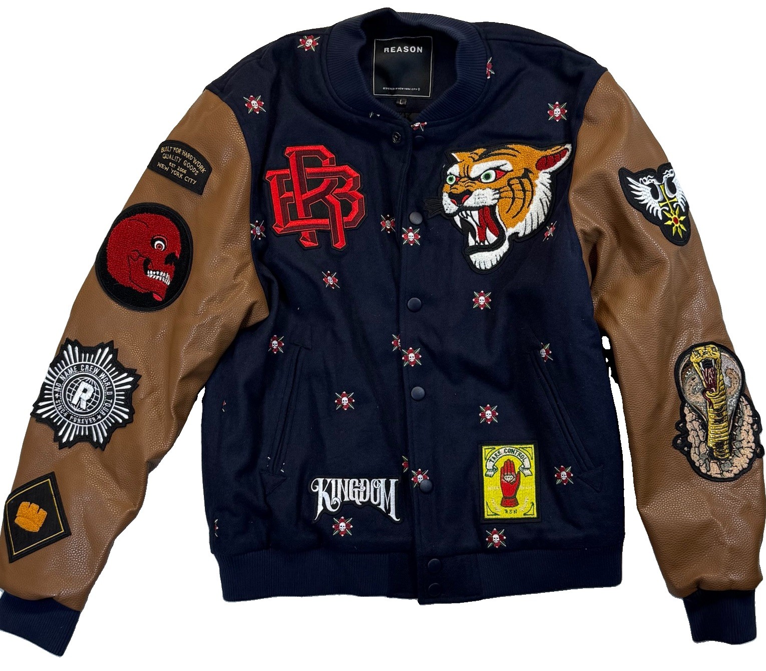 Reason Clothing Kingdom Varsity Jacket Adult Large Navy Brown Faux Leather