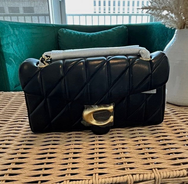 Coach Tabby 26 Black Quilted Shoulder Bag Chain Strap Gold Turn Lock Charm