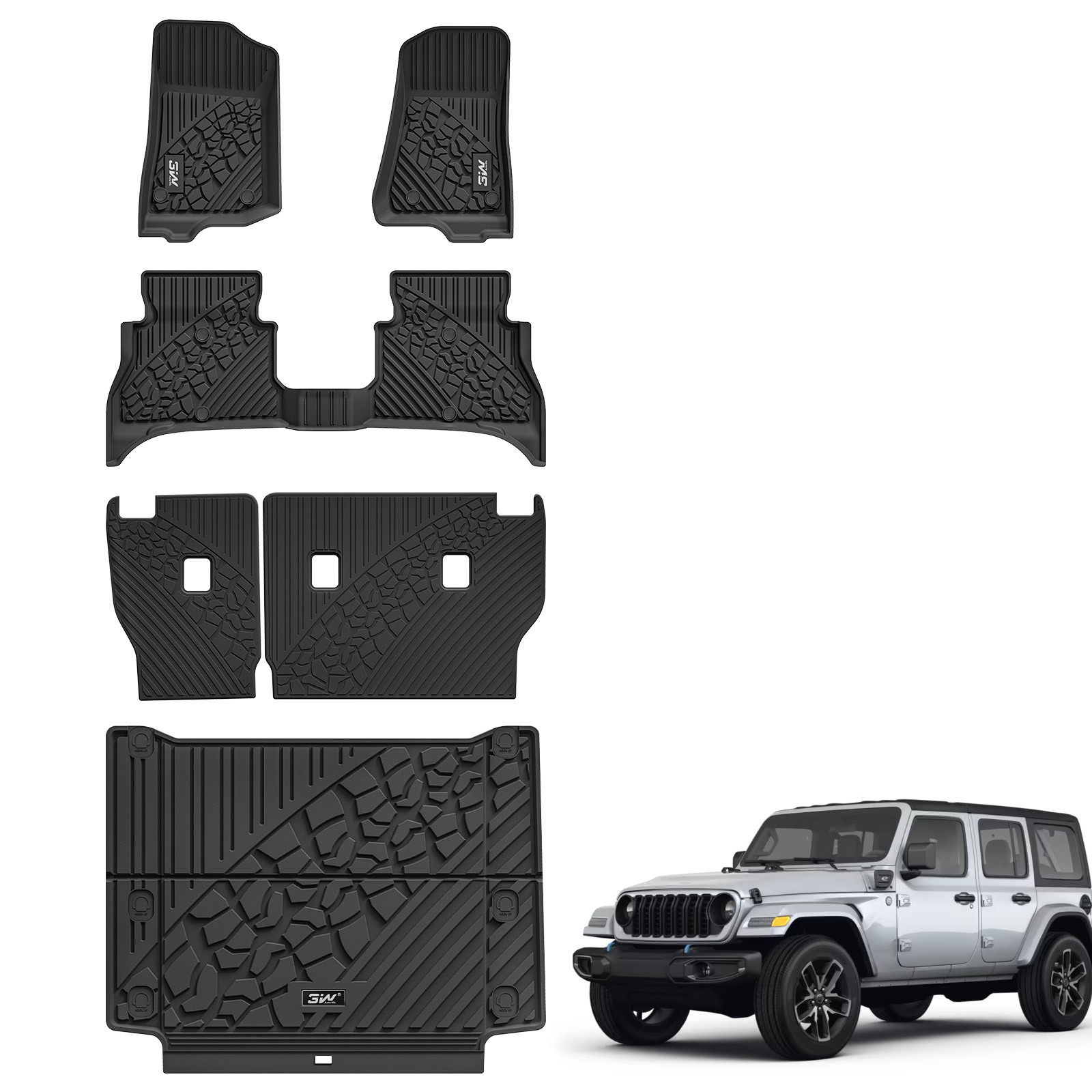 3W Floor Mats For Jeep Wrangler 4XE Hybrid 2021-2025 All Weather Fit Cargo Liner