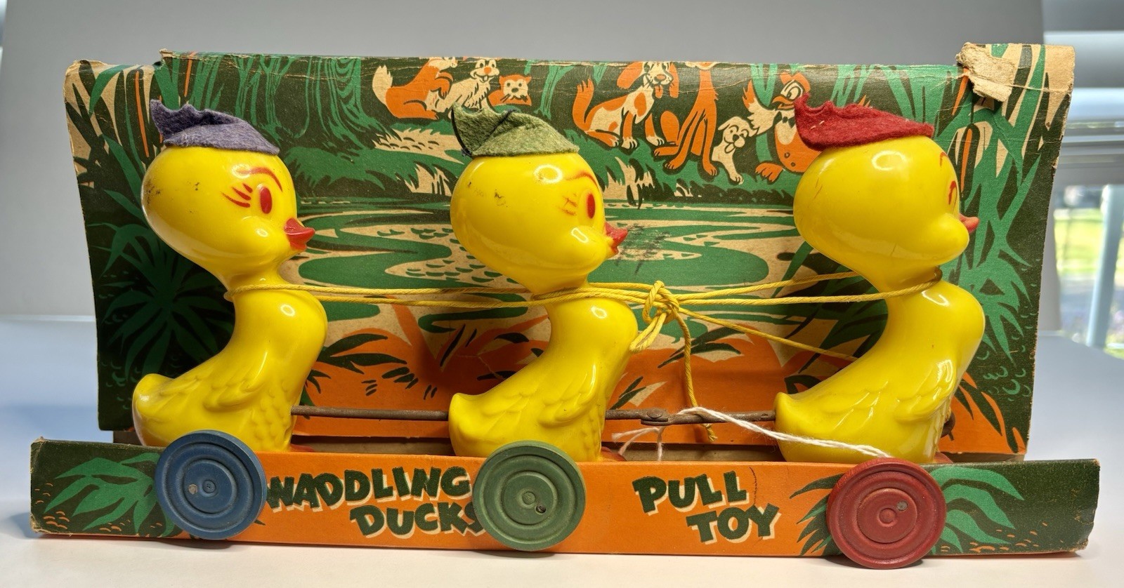Vintage 1951 Mattel Ducky Parade Wooden Plastic Pull Toy Litho Display Box 1950s