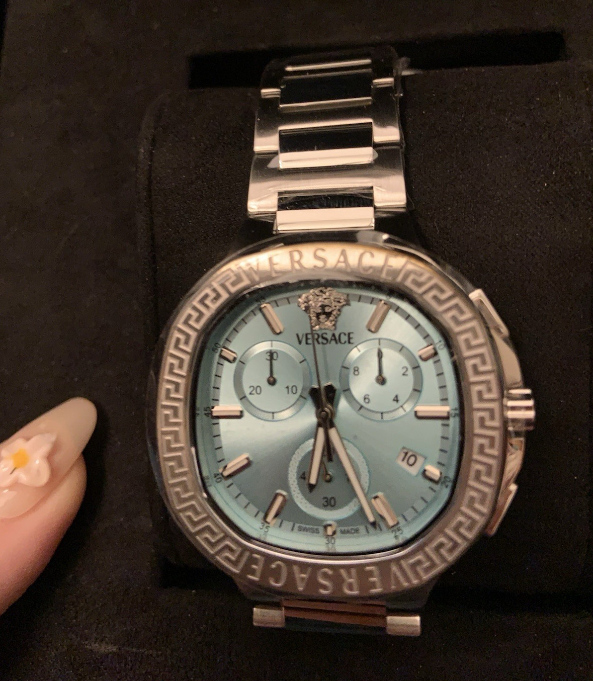 Versace Women’s Chronograph Quartz Blue Dial Date Silver Bracelet w/ Box &Tags