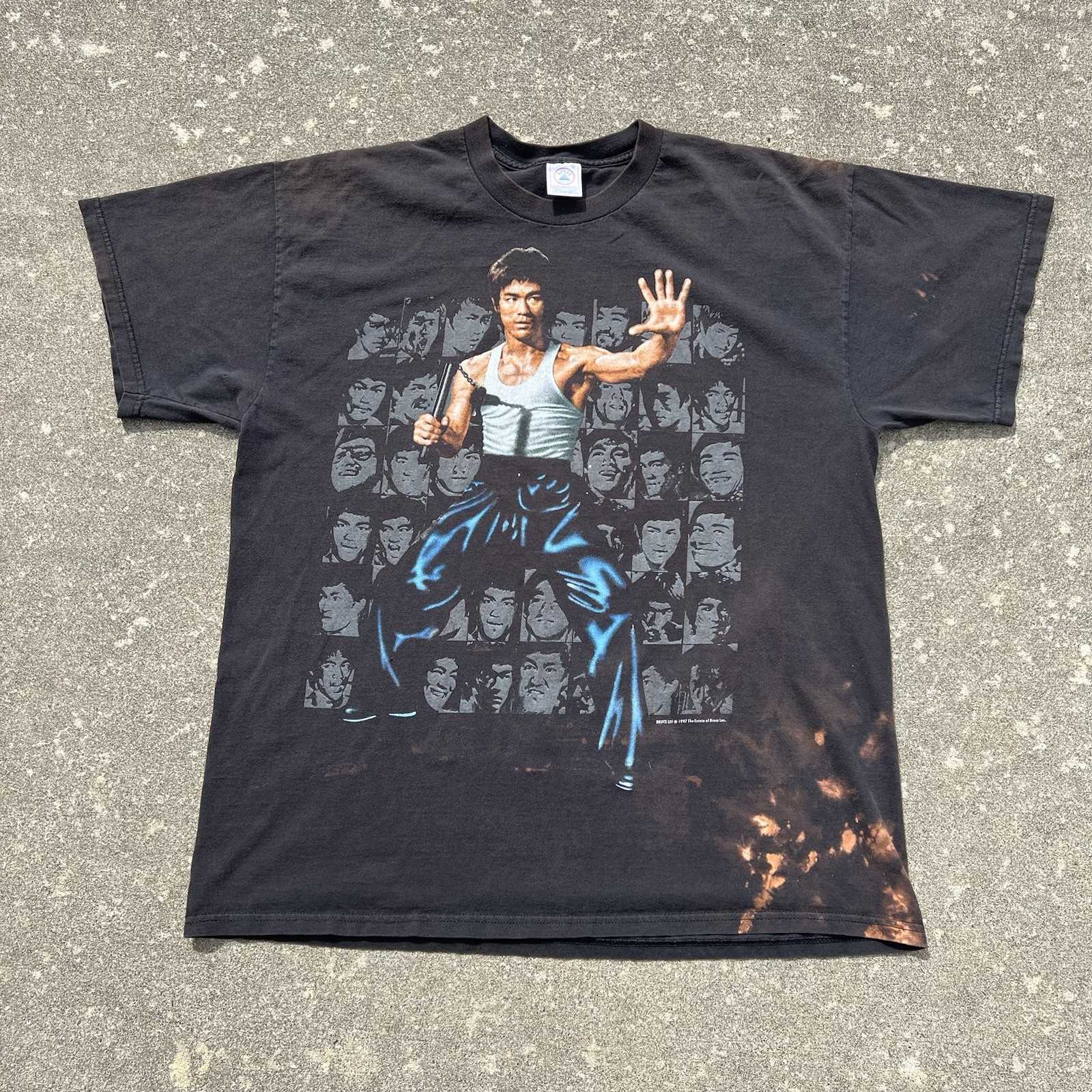 Distressed Vintage 1997 Bruce Lee Faces Karate Portrait T Shirt Black Size XL