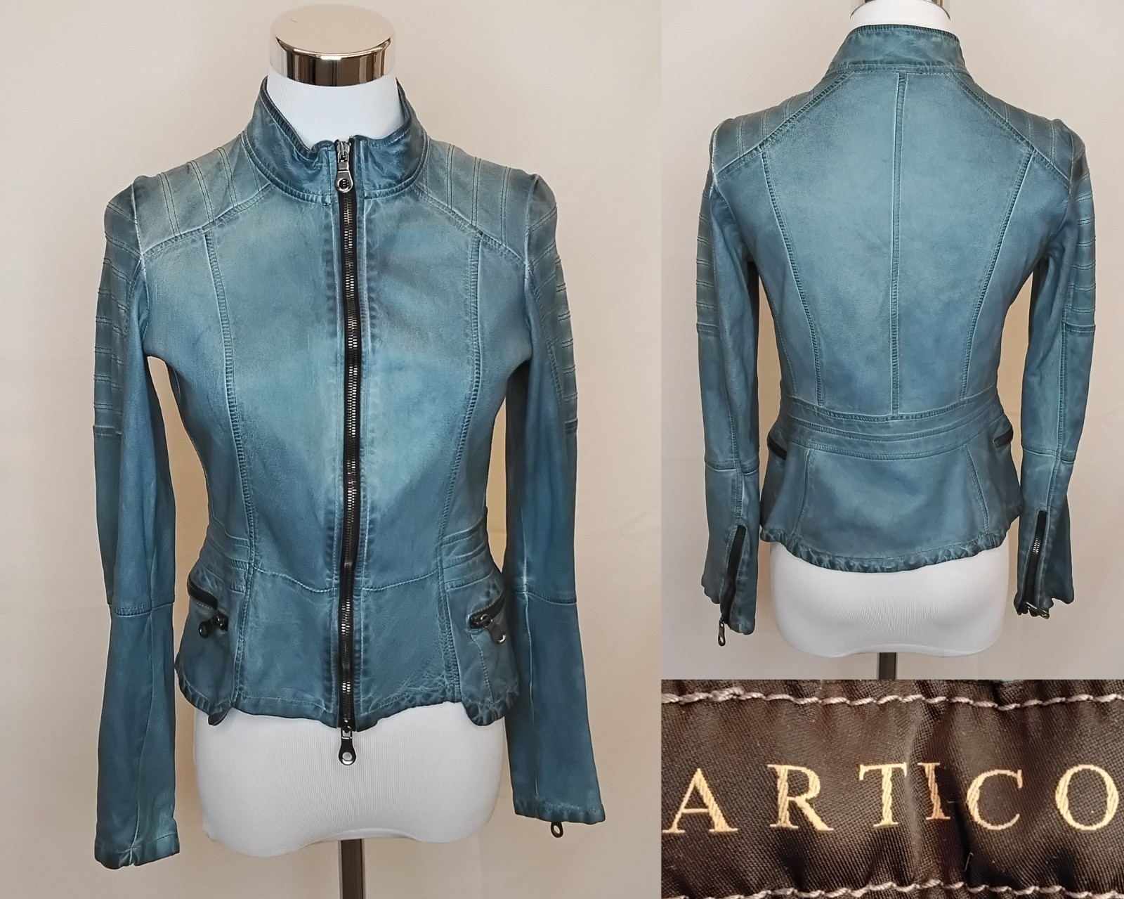 Artico Leather Jacket Women\'s XS/S Blue 100% Sheep/Lambskin Moto Tailored *W5074 Artico Leather Jacket Women\'s XS/S Blue 100% Sheep/Lambskin Moto Tailored *W5074
