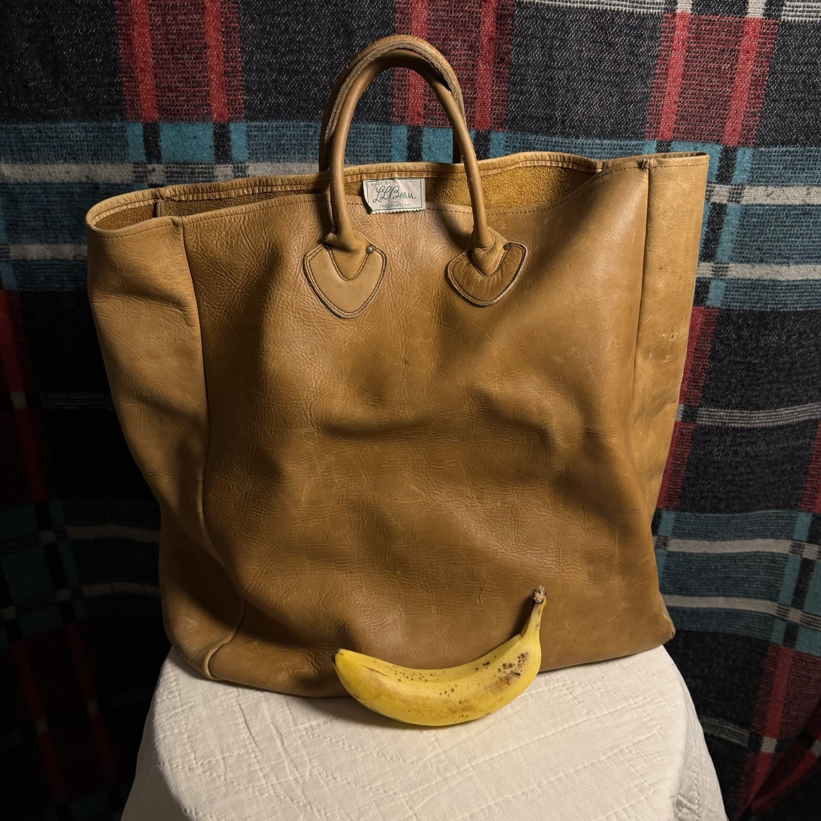 Vintage 1960s Leather LL Bean Tote XL Sawtooth Cursive Tag