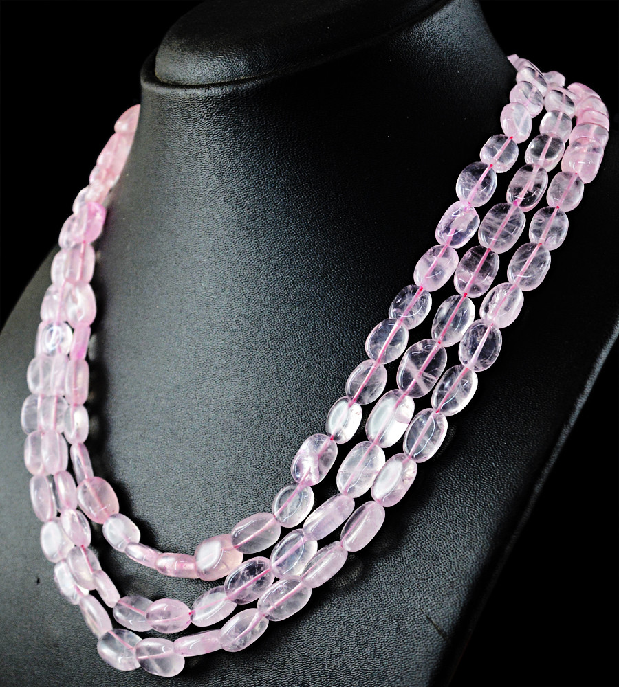 465.00 Cts Natural Pink Rose Quartz 3 Strand Oval Shape Unheated Beads Necklace 
