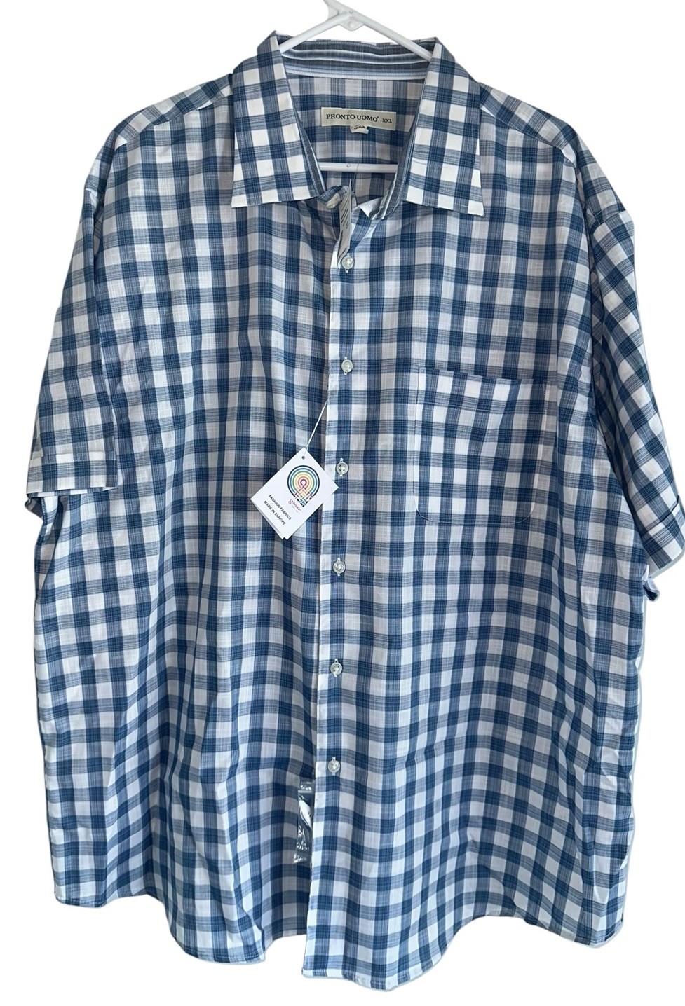 NWT Pronto Uomo Mens Short Sleeve Button Up Shirt Sz XXL Blue Plaid Getzner 