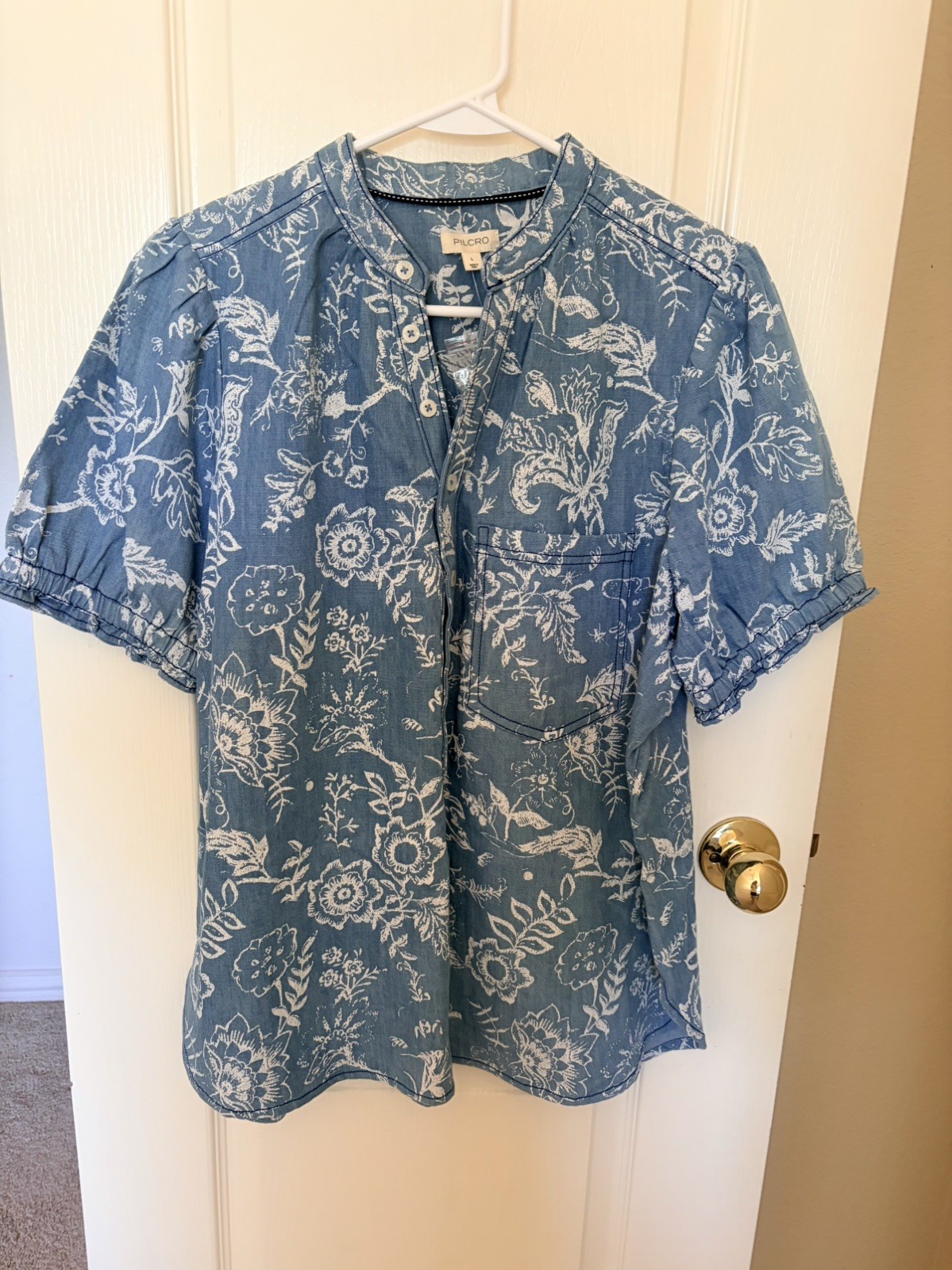 NWT Anthropologie Women\'s Pilcro The Aly Puff-Sleeve Blouse Large Blue White 