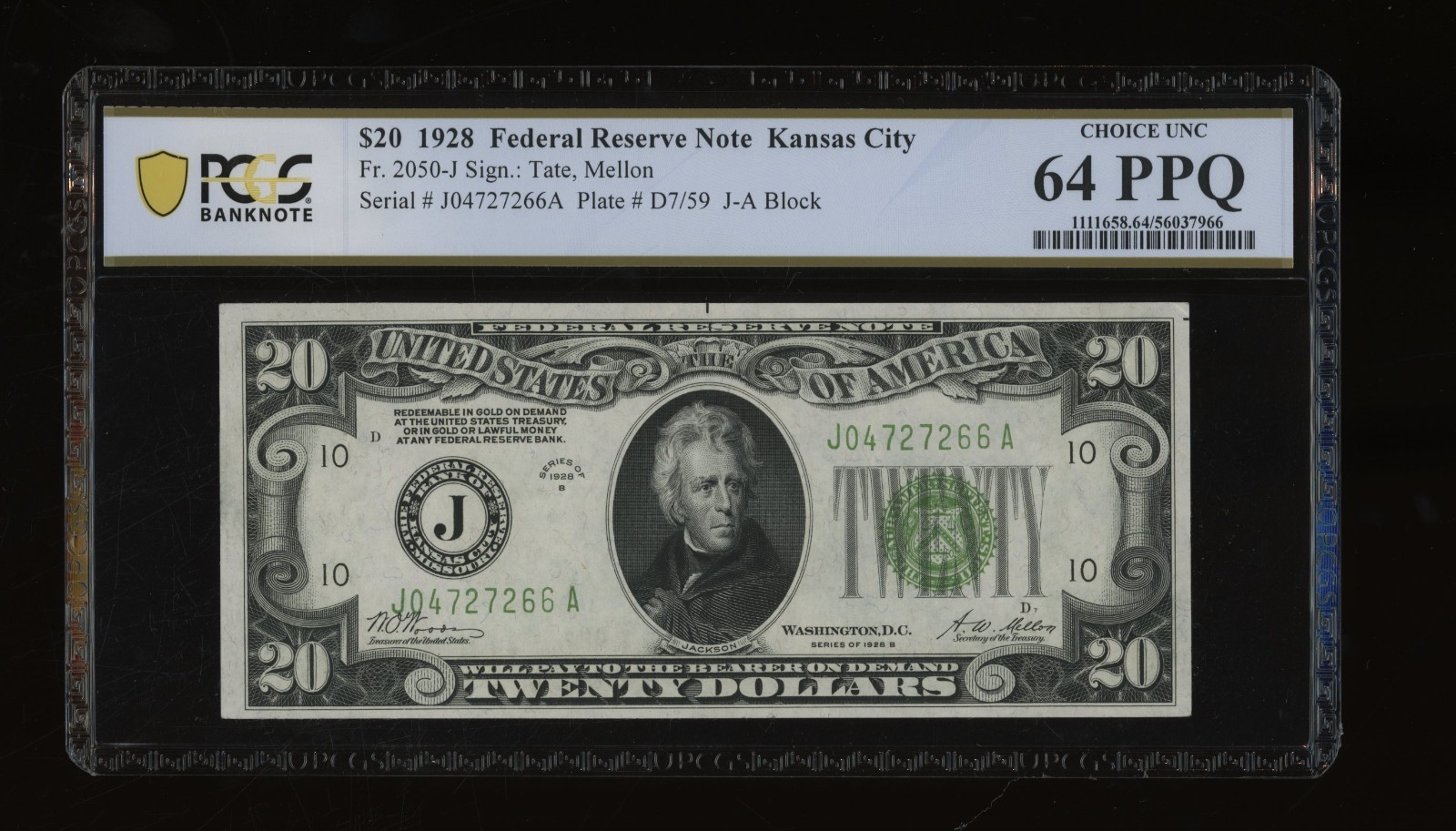 DBR 1928-B $20 FRN Kansas City Numeral Fr. 2052-J PCGS-B 64 PPQ Ser # J04727266A