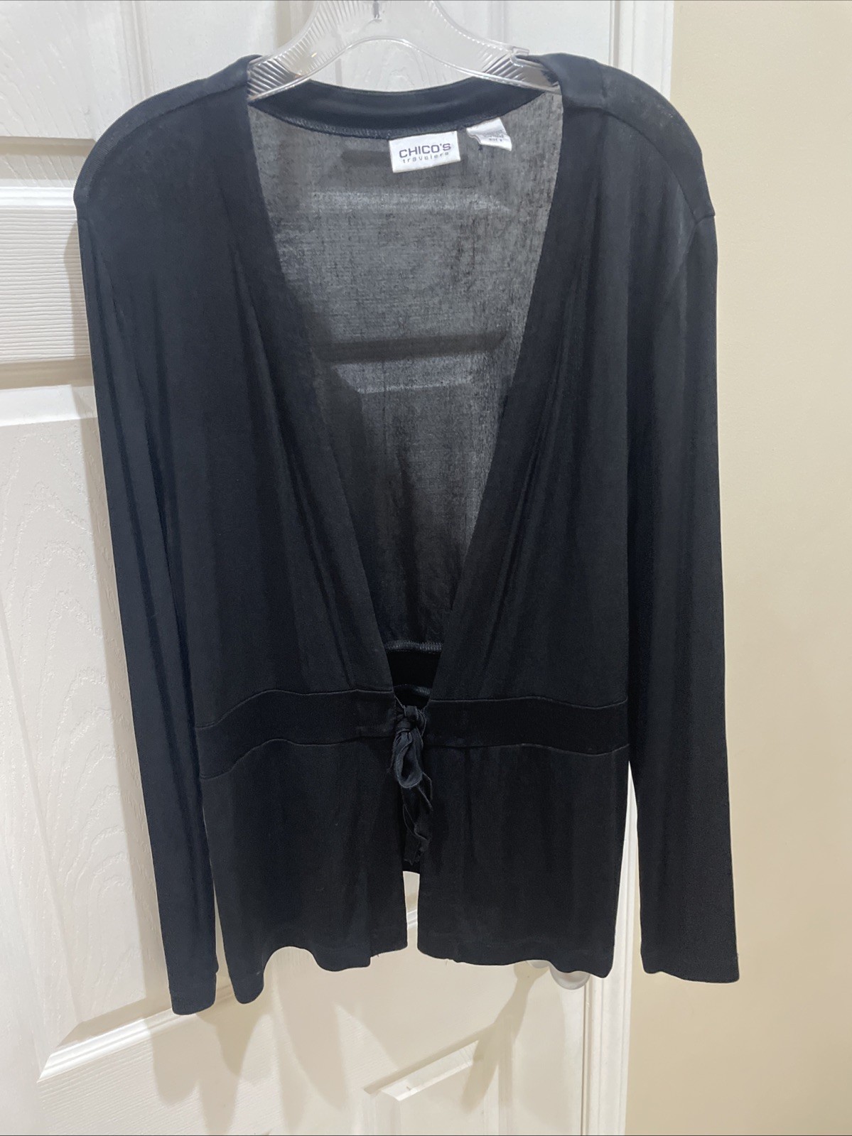 Chicos Travelers women Gorgeous black Tie Front Beautiful Cardigan Sz 2 Chicos Travelers women Gorgeous black Tie Front Beautiful Cardigan Sz 2