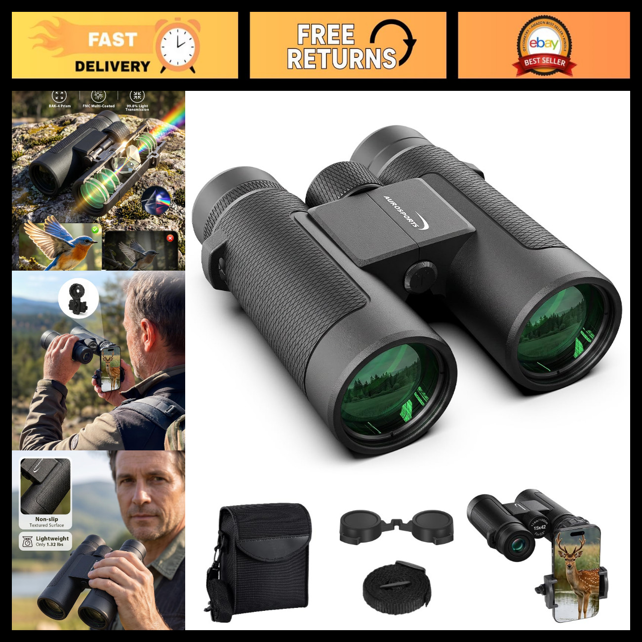 High-Powered 15x42 Bird Watching Binoculars for Adults + Phone Adapter, Waterpro