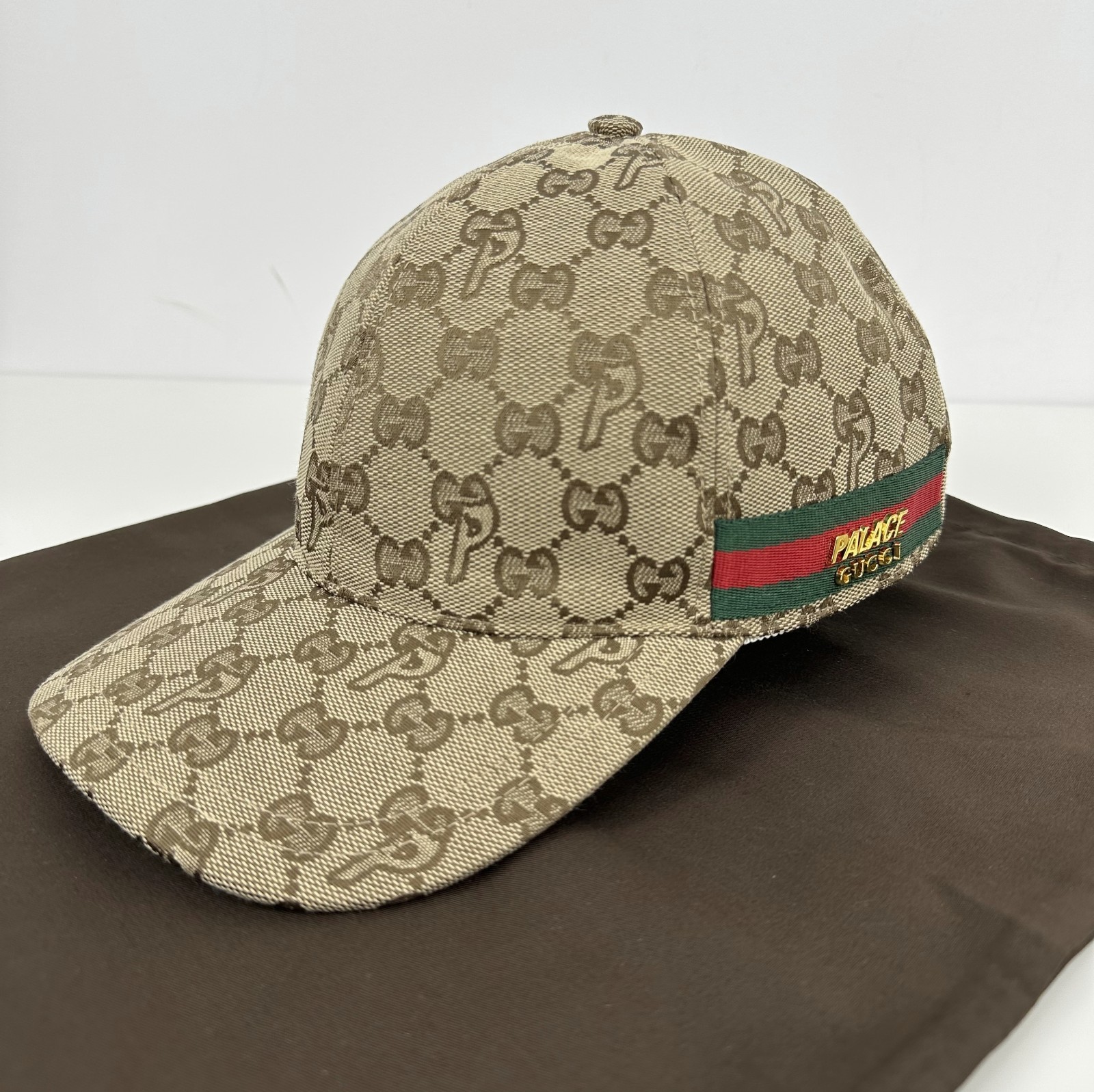 Gucci x Palace GG-P Monogram Logo Web Canvas Baseball Cap Hat Beige Size M