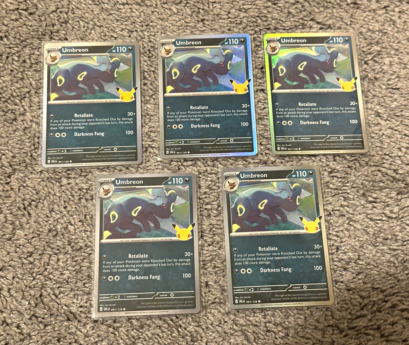 Pokemon 30th Celebration Holo Umbreon 091/128 Common Near Mint - Lot of 5