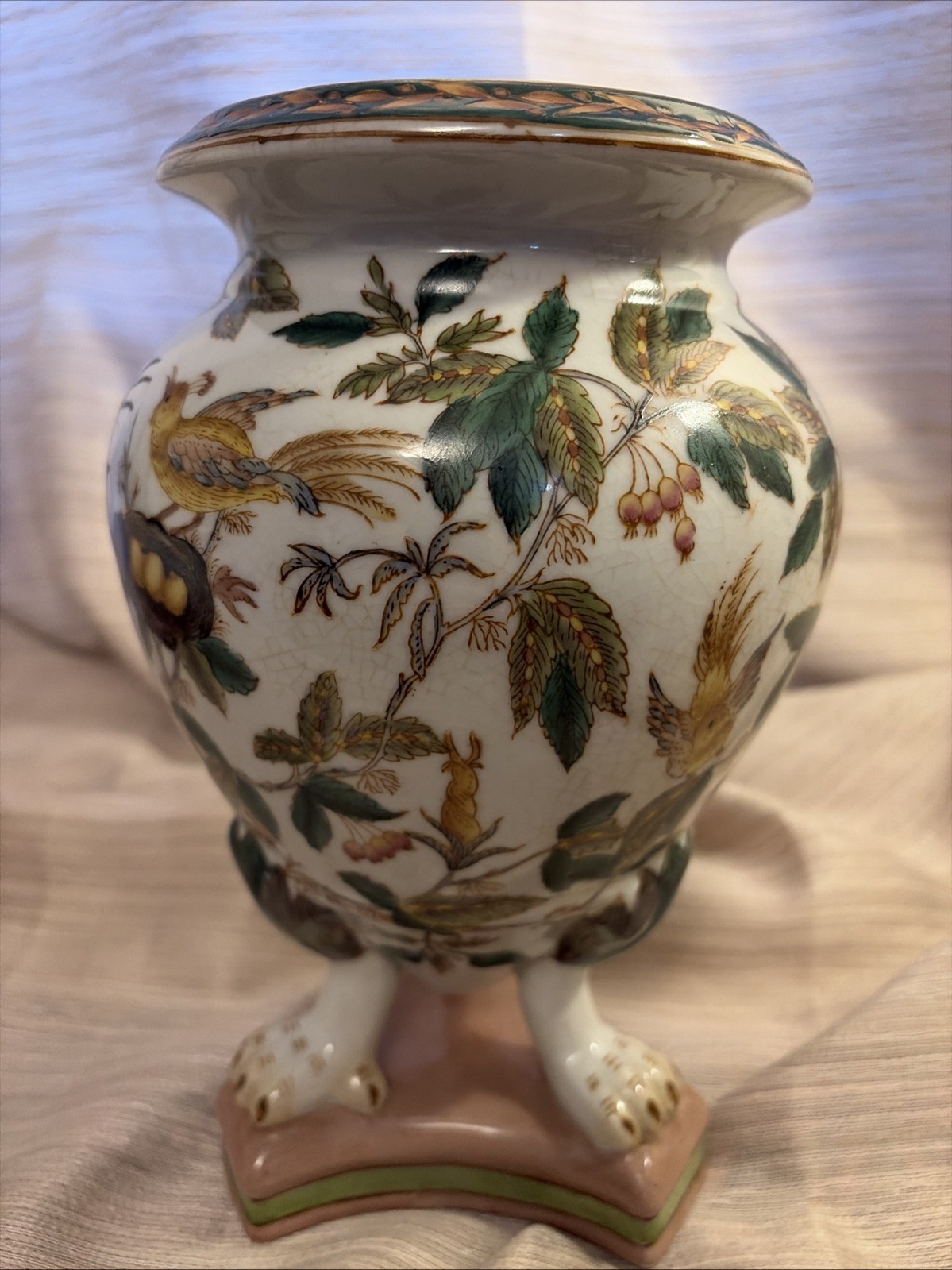 WL Wong Lee 1895 CHINESE Bird Fig Floral Footed PORCELAIN Urn VASE Planter Euc