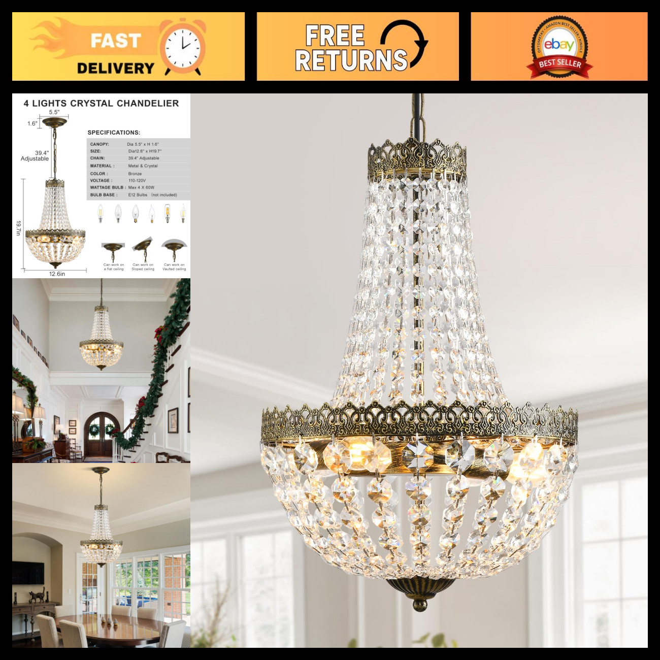 Vintage Mini Crystal Chandelier Pendant Light - 4-Light Farmhouse Ceiling Fixtur