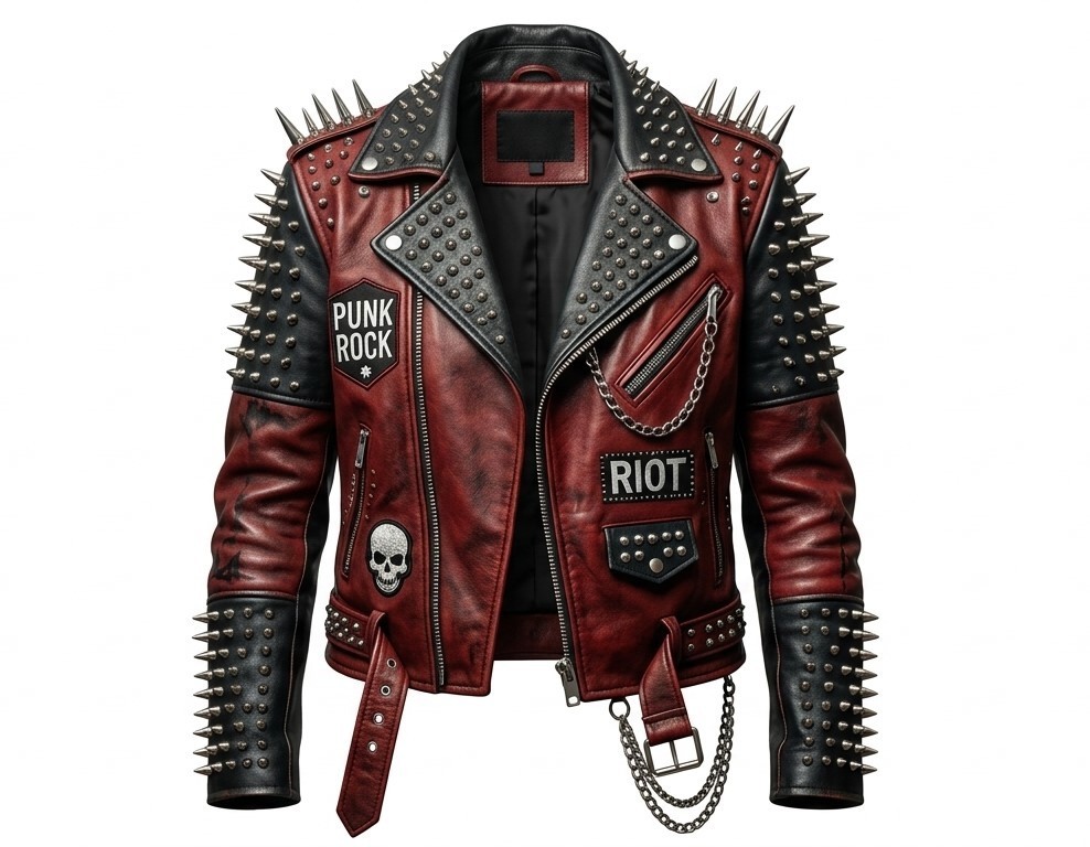 Men\'s Punk Rock Studded Leather Jacket - Red Black Spiked Skull Biker Motorcycle
