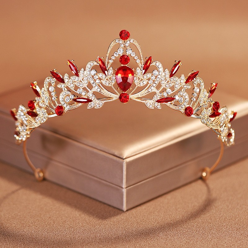 Gold & Red Tiara Crown for Women, Wedding Birthday Party Headpiece