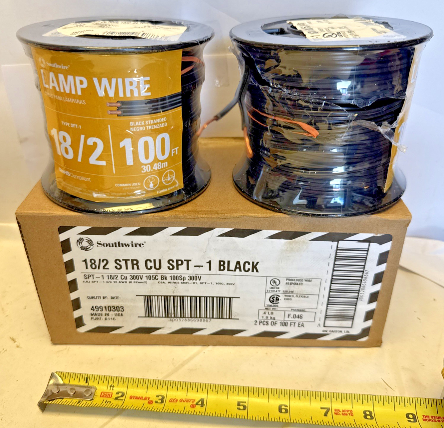 200 ft Southwire 18/2 STR CU SPT-1 Black 2 spools 100ft each Wire Lamp cord lot