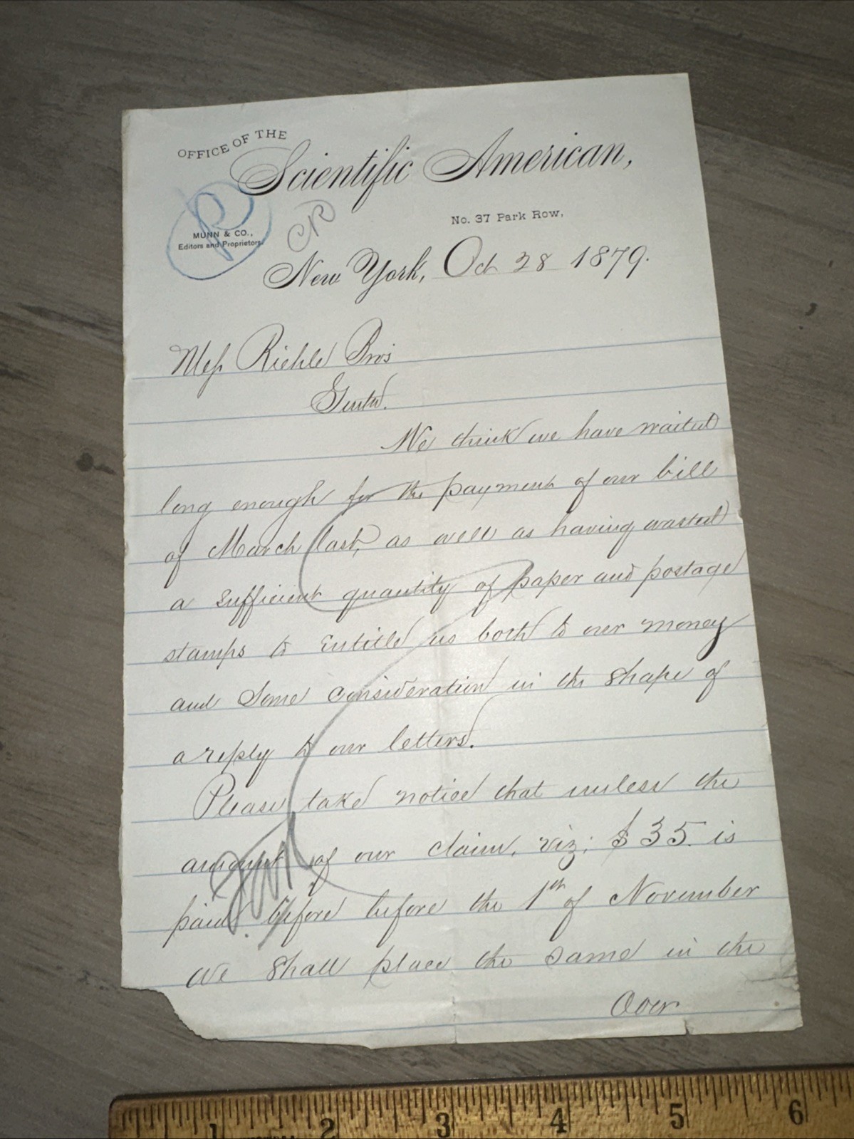 Antique Letter Demanding Payment 1879 Scientific American Angry Letter￼