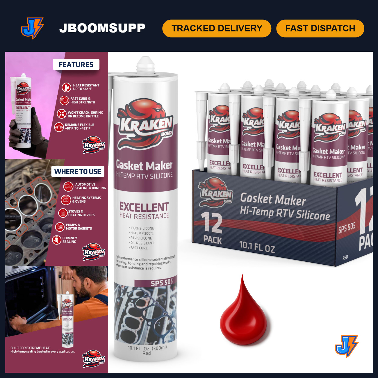 High Temp Red RTV Silicone Gasket Maker - 12 Pack, 600°F Heat & Oil Resistant Se High Temp Red RTV Silicone Gasket Maker - 12 Pack, 600°F Heat & Oil Resistant Se