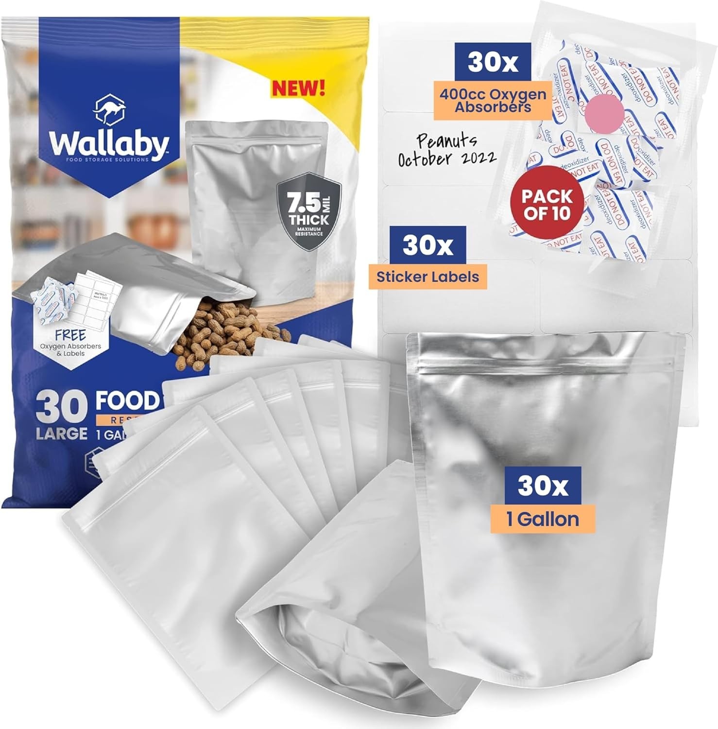 Wallaby 30ct 1-Gallon Gusset Mylar Bags w/ 400cc Oxygen Absorbers Food Storage Wallaby 30ct 1-Gallon Gusset Mylar Bags w/ 400cc Oxygen Absorbers Food Storage