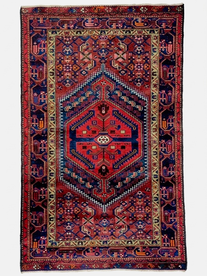 Vintage 4x7 Tribal Geometric Hand Knotted Wool Zanjan Oriental Area Rug Boho