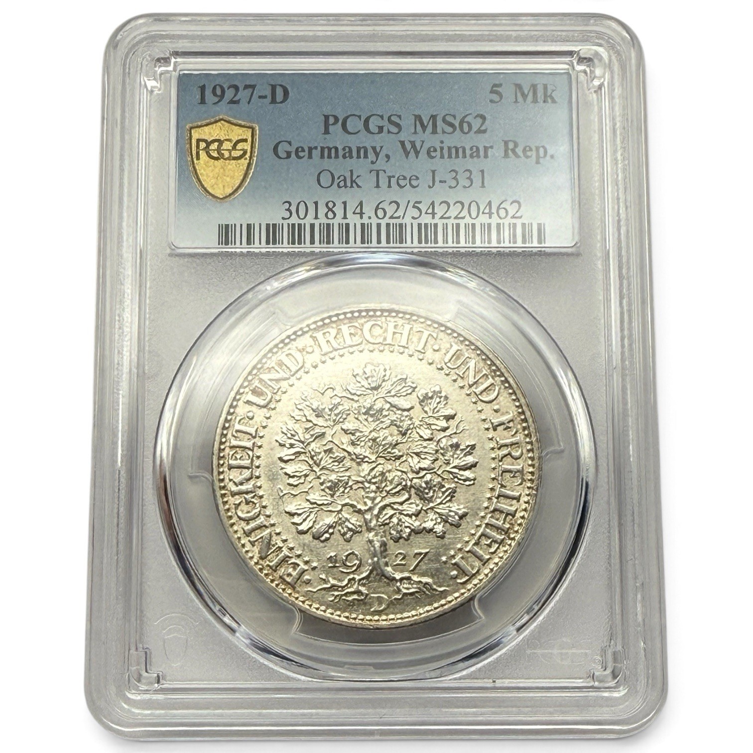 1927-D Germany Oak Tree 5 Mark - PCGS MS 62 - Classic Silver World Coin 1927-D Germany Oak Tree 5 Mark - PCGS MS 62 - Classic Silver World Coin