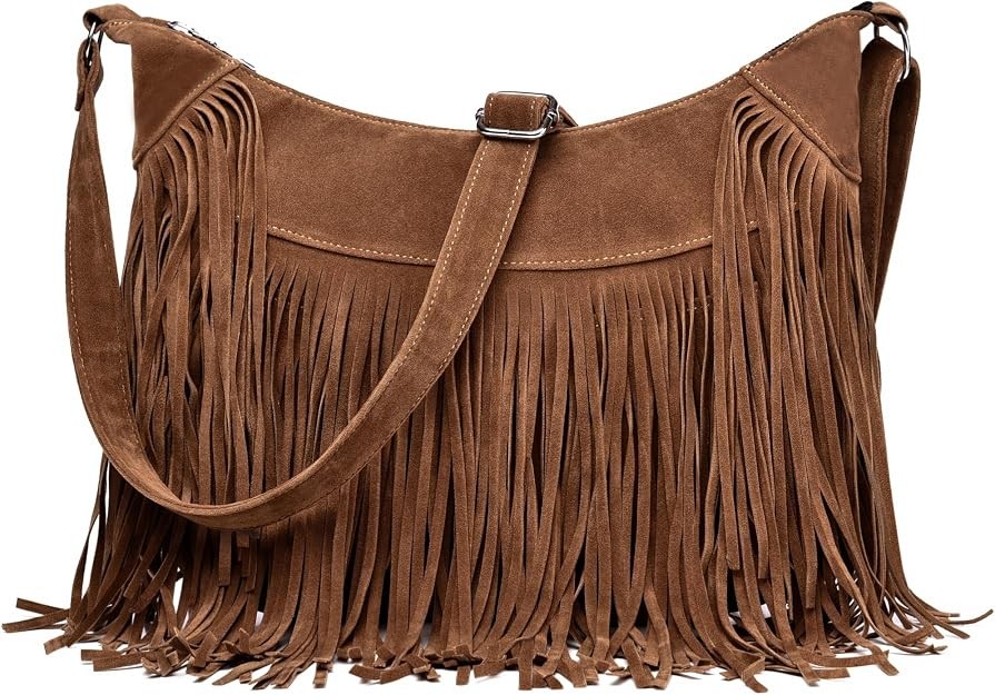Brown Vintage Suede Fringe Hobo Crossbody Bag for Women Western Style Women\'s