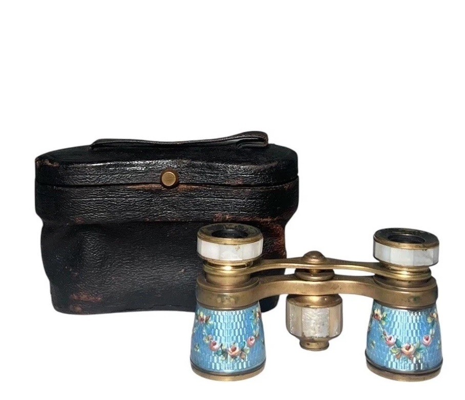 RARE Vintage Lemaire Paris Opera Glasses Binoculars Blue Enamel Brass with Case