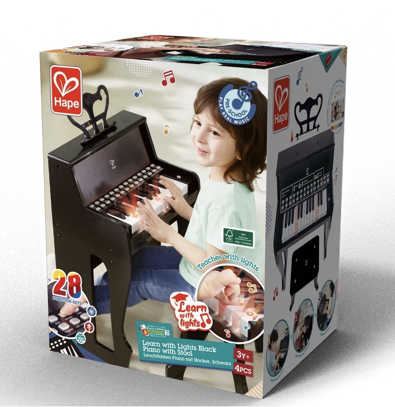 Hape: Learn With Lights Piano w/ Stool - Black - Wooden Electric Musical Toy, 3+