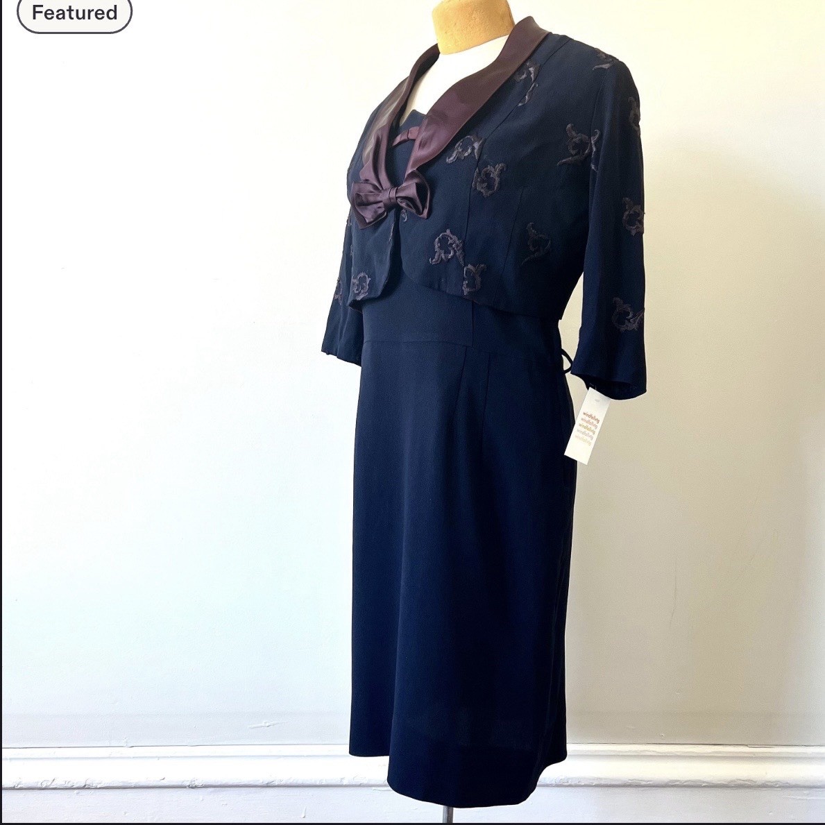 Vintage 1940s Navy Blue Rayon Dress & Embroidered Jacket Set Bow Film Noir