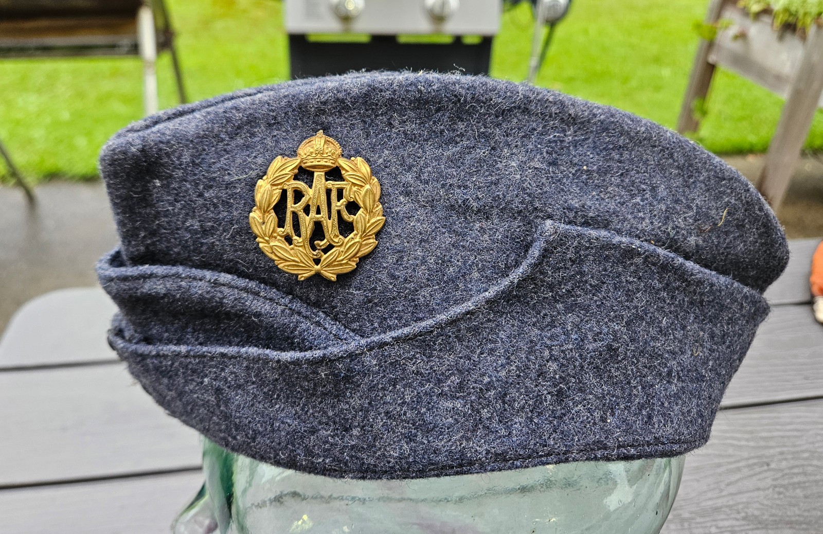WW2 British RAF Wedge Cap and RAF Cap Badge WW2 British RAF Wedge Cap and RAF Cap Badge