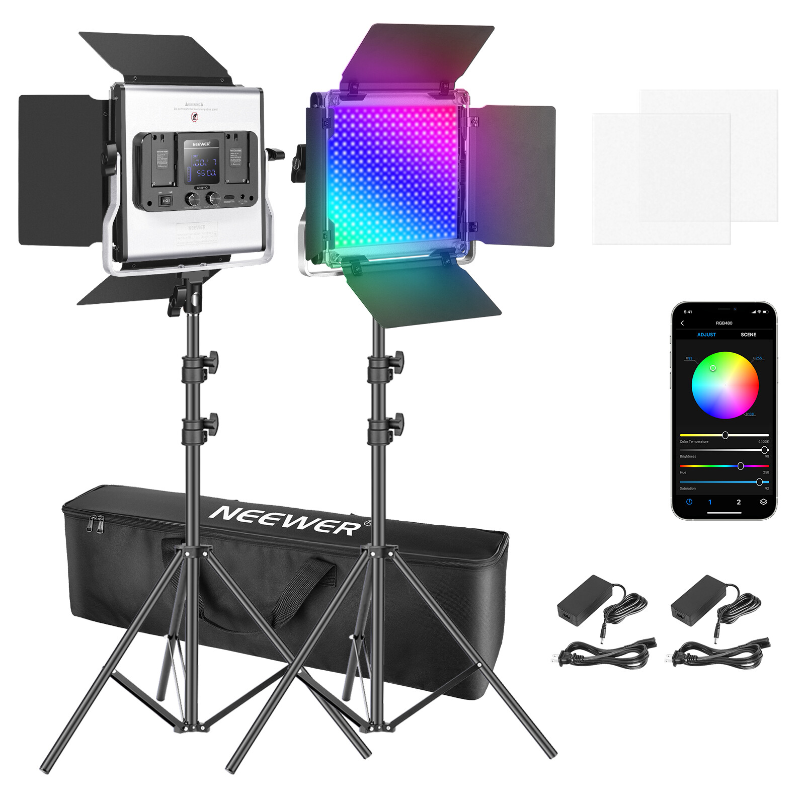 Neewer 2 Pack 480 RGB Led Video Light Panel with APP Control Stands and Bag