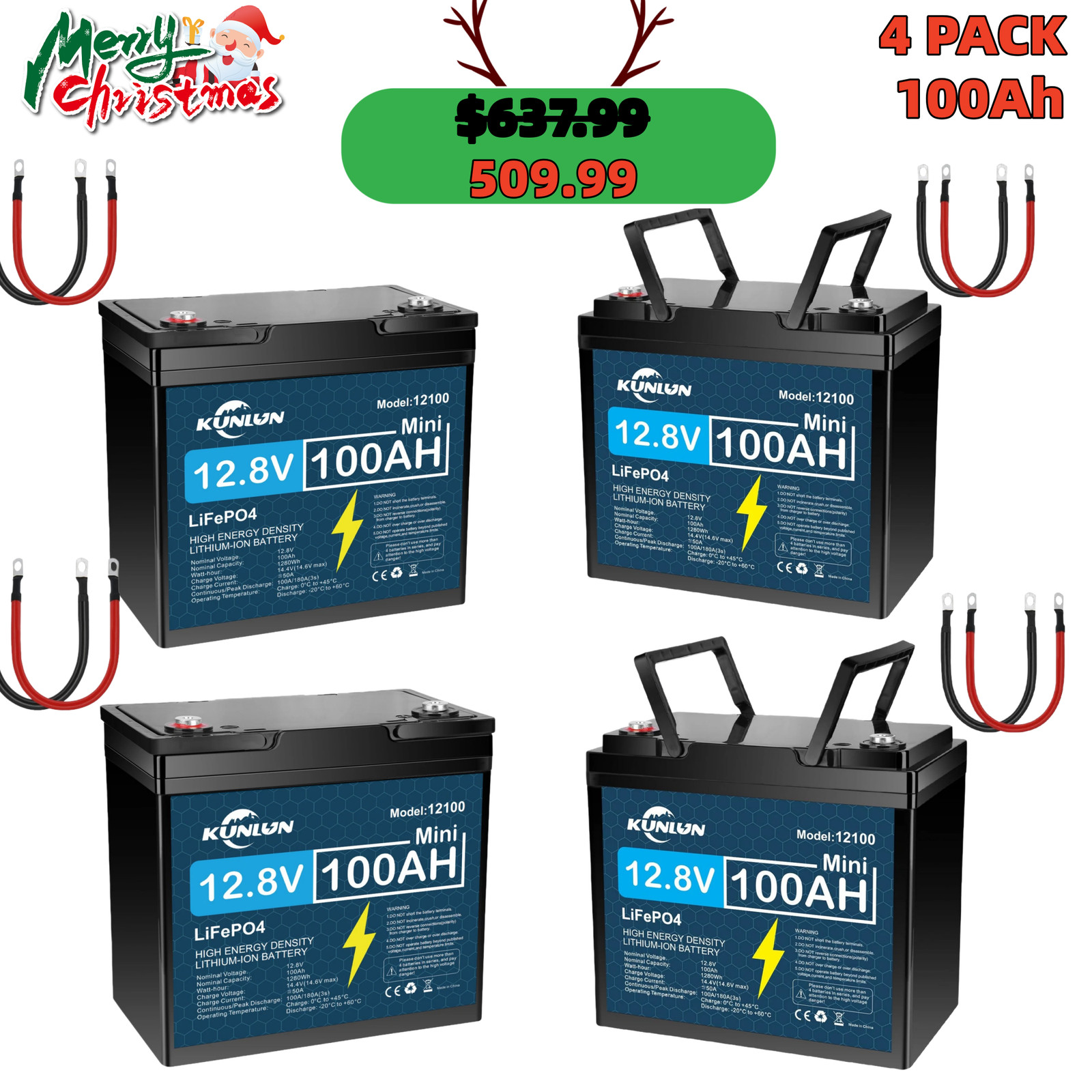 4PK KUNLUN 12V 100Ah LiFePO4 Battery - Mini, 16lbs, BMS, for Trolling Motor, RV, 4PK KUNLUN 12V 100Ah LiFePO4 Battery - Mini, 16lbs, BMS, for Trolling Motor, RV,