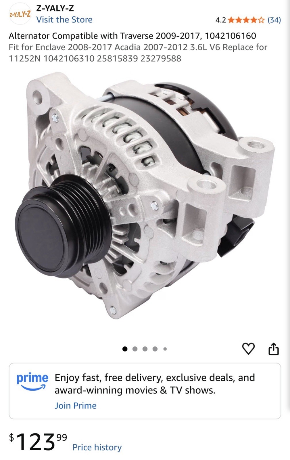 Alternator Chevy Traverse 2009-17 Buick Enclave 2008-17 GMC Acadia 2007-12 3.6L