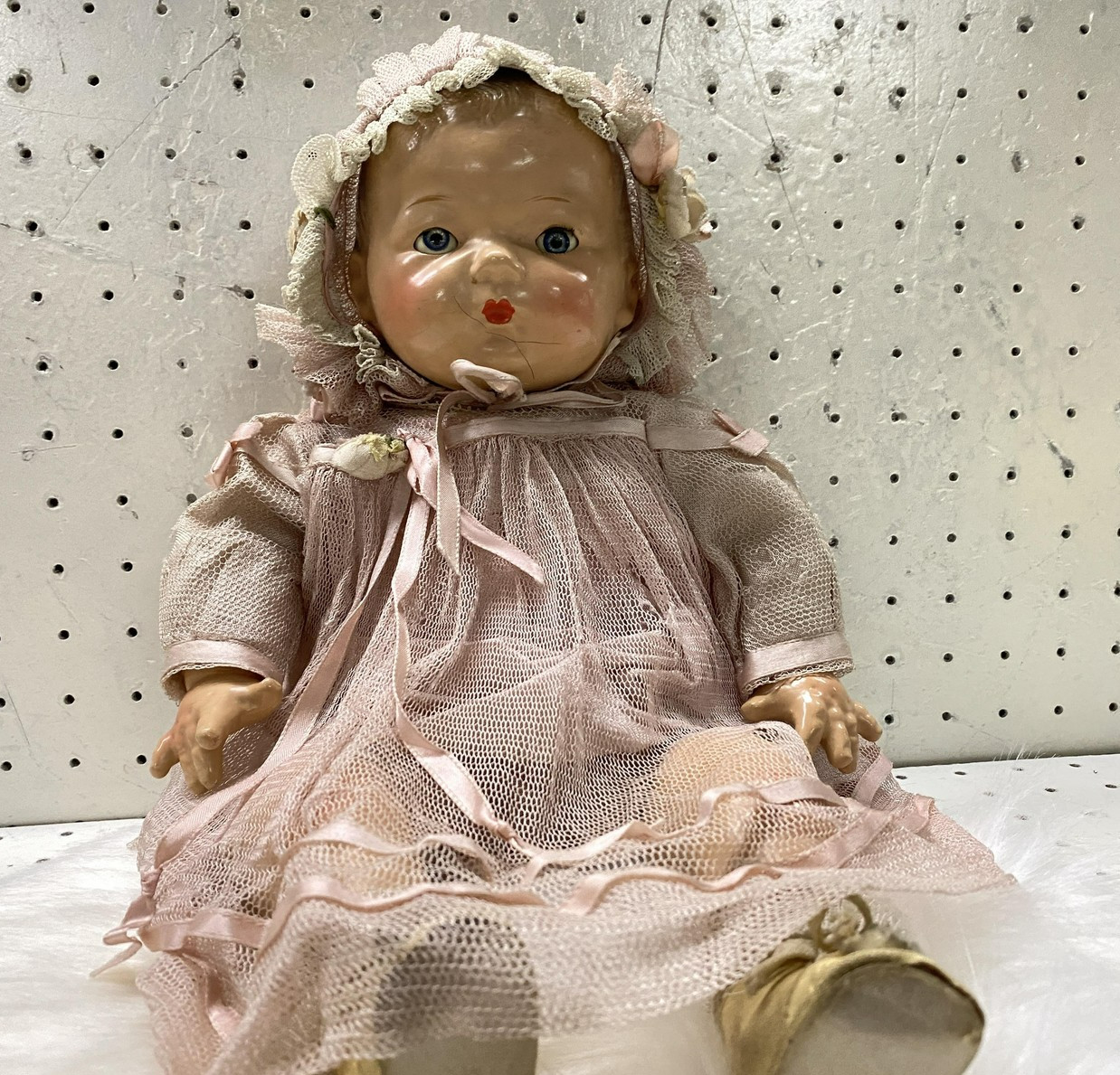 Vintage Composition Madame Alexander Baby Doll 17in Pink Lace Dress