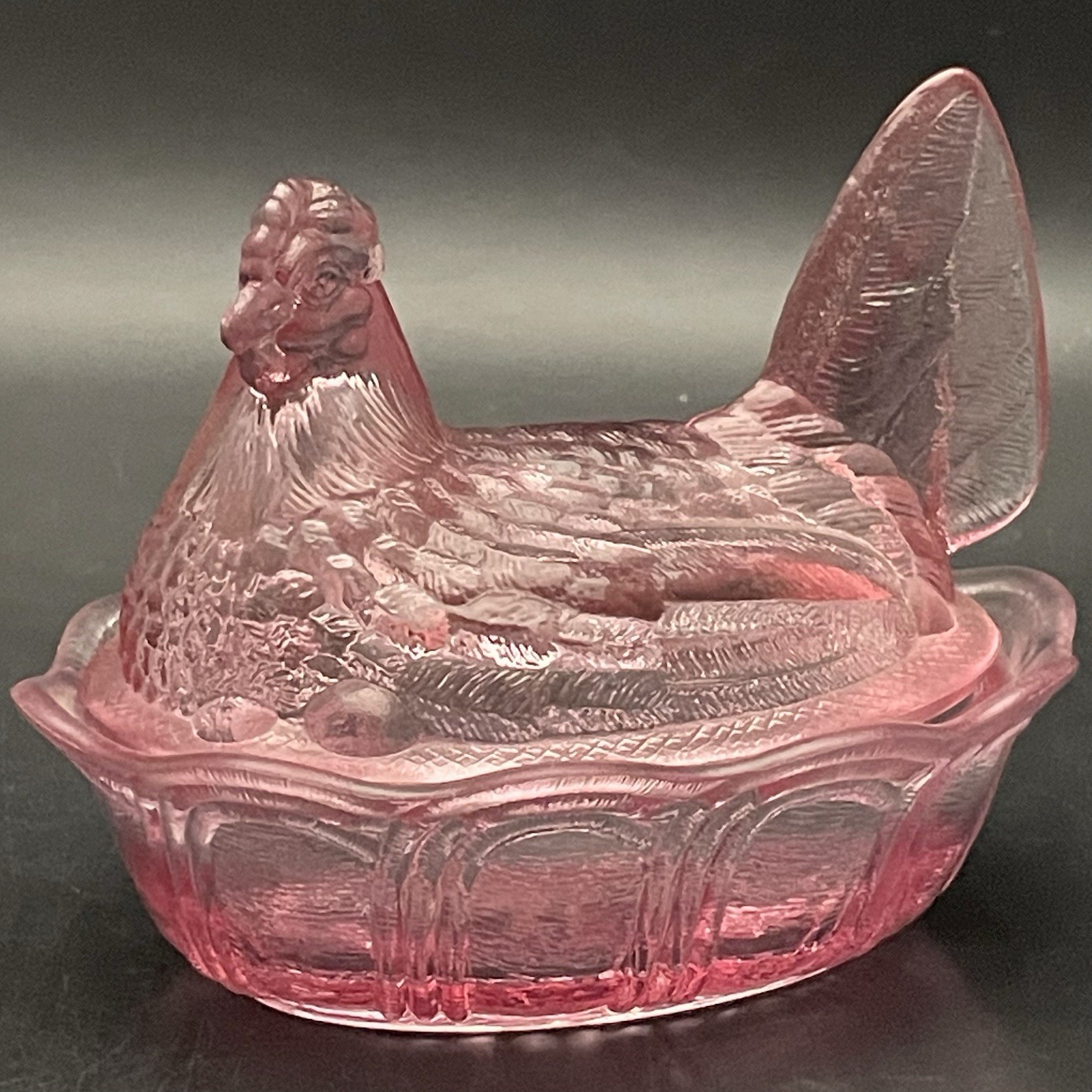 Fenton Pink Split Tail Hen on Nest Salt Cellar Candy Dish c1990s USA 4.25\