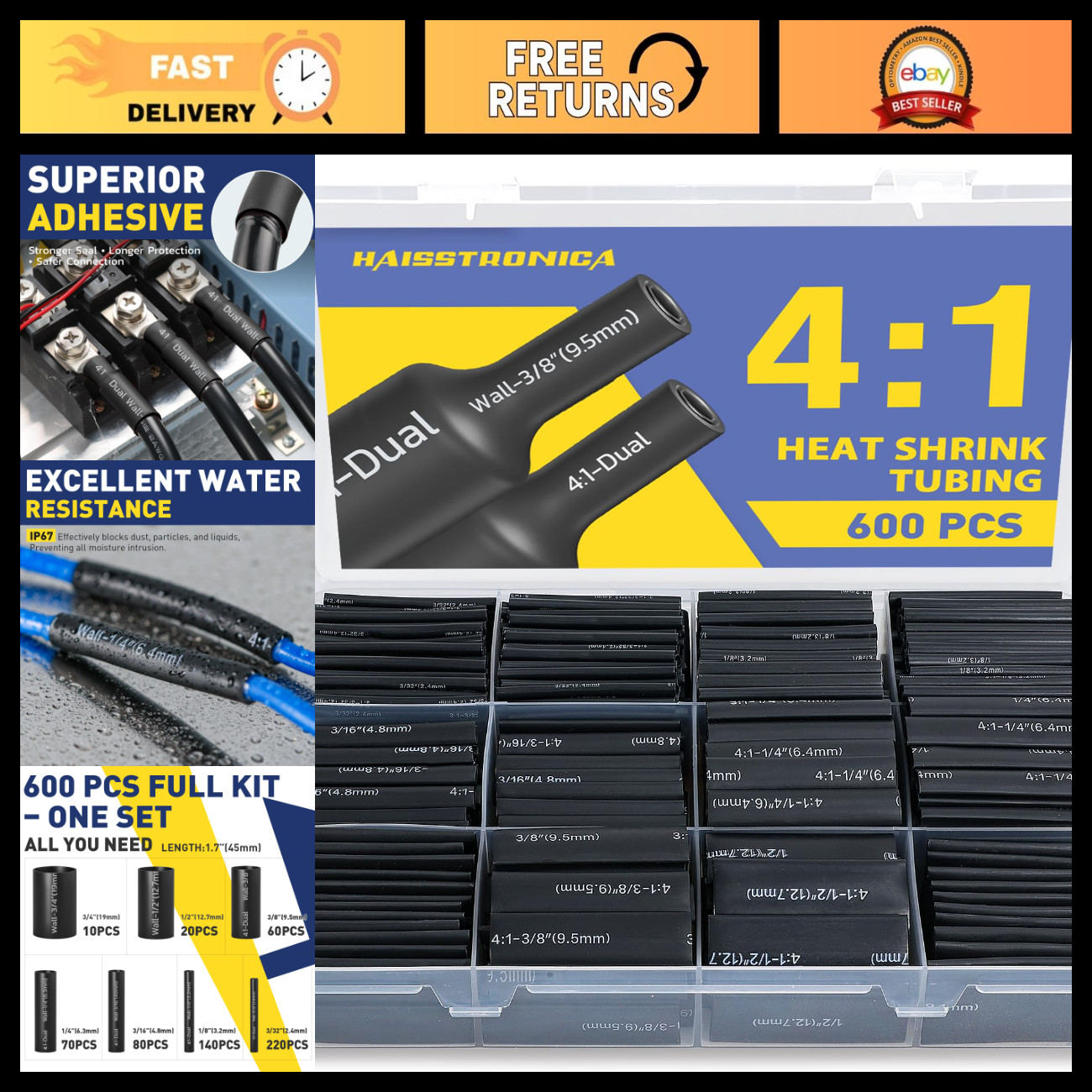 600PCS 4:1 Heat Shrink Tubing Kit - 3/32