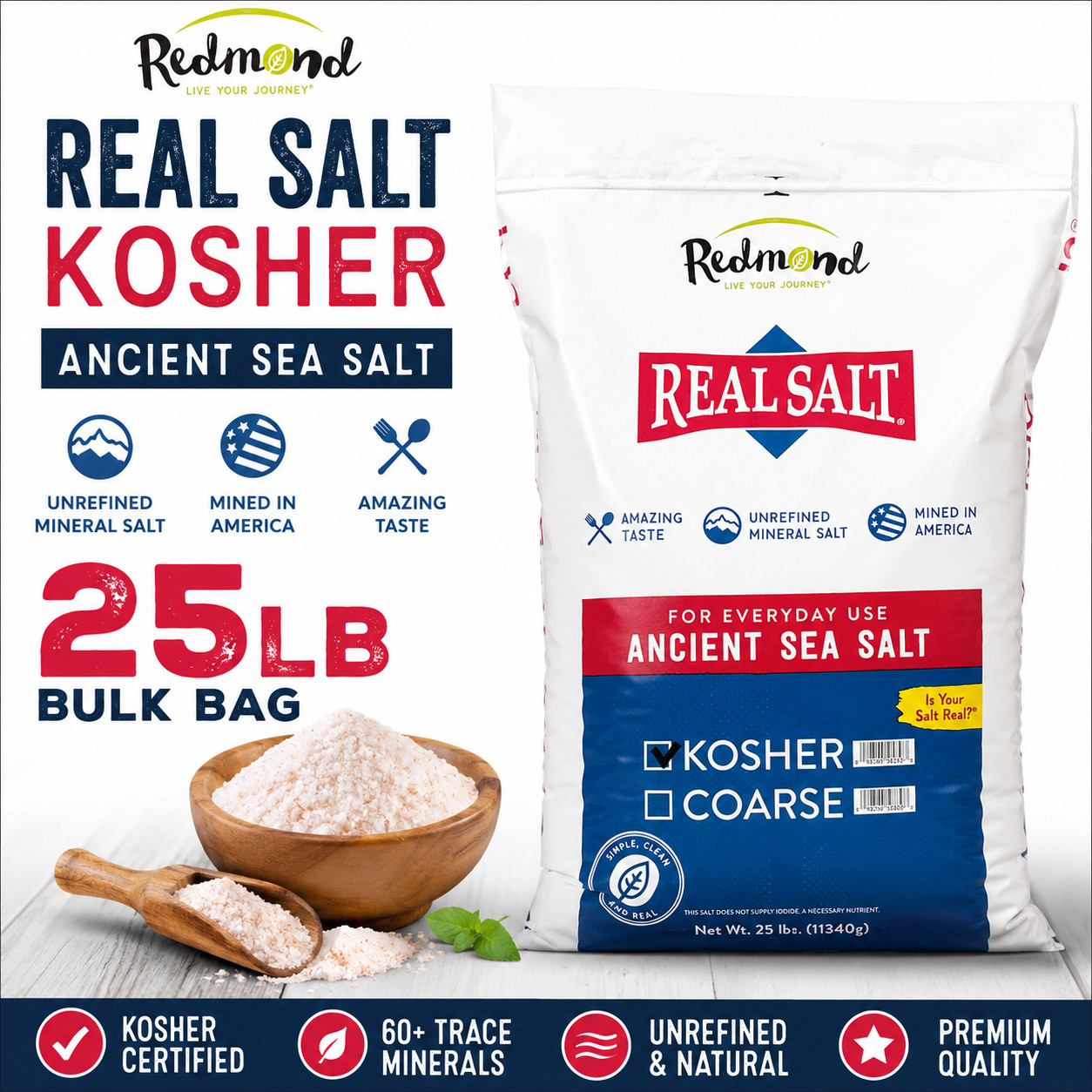 Redmond Real Salt Kosher Sea Salt 25 lb Bulk Bag Unrefined Natural Mineral Salt