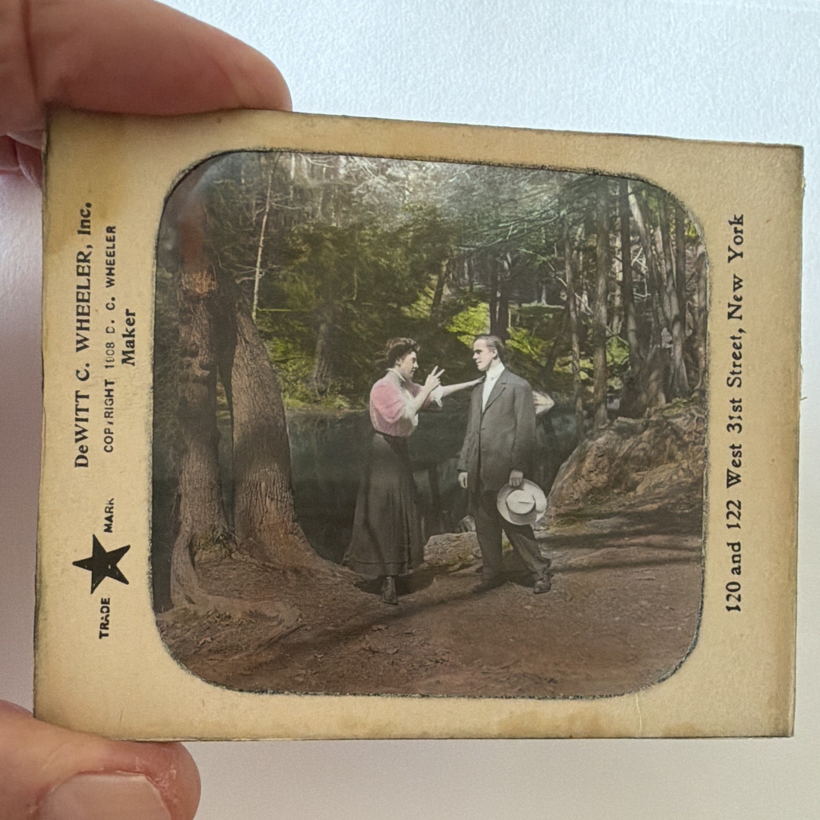 Antique 1908 DeWitt C Wheeler Magic Lantern Slide Man Woman Forest Scene