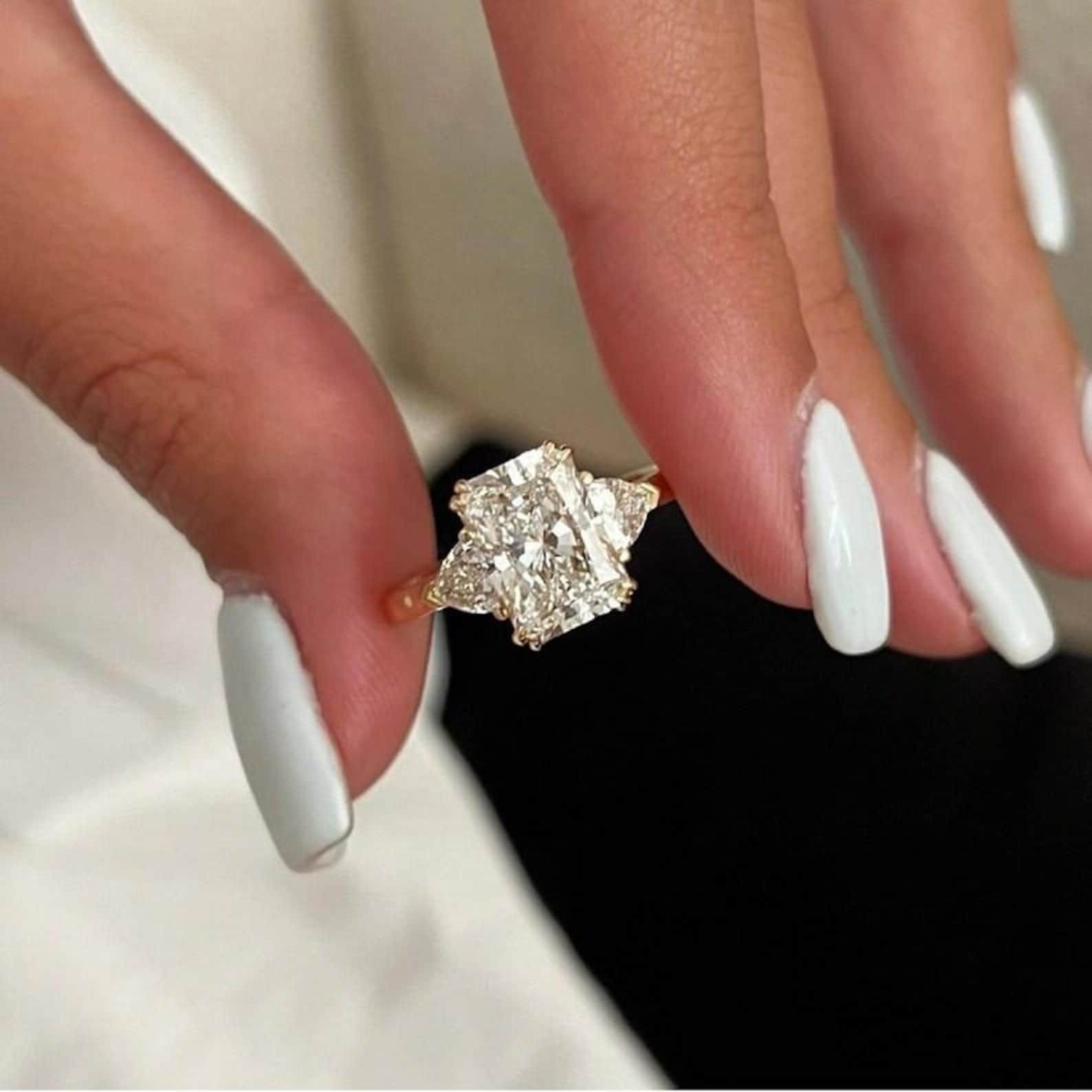 4Ct Radiant Certified Moissanite Three Stone Engagement Ring in 10k Yellow Gold