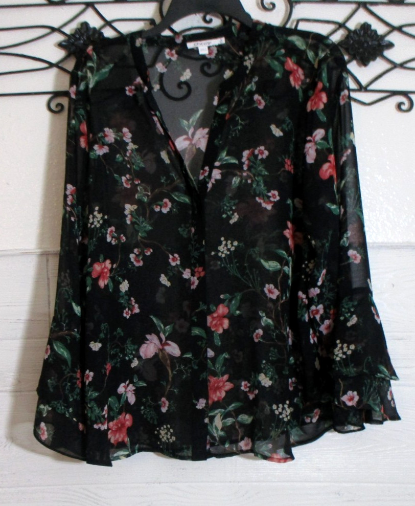 Chico\'s Sheer Top Women\'s Size2 US L Long Sleeve Black Floral Round Neck Chico\'s Sheer Top Women\'s Size2 US L Long Sleeve Black Floral Round Neck
