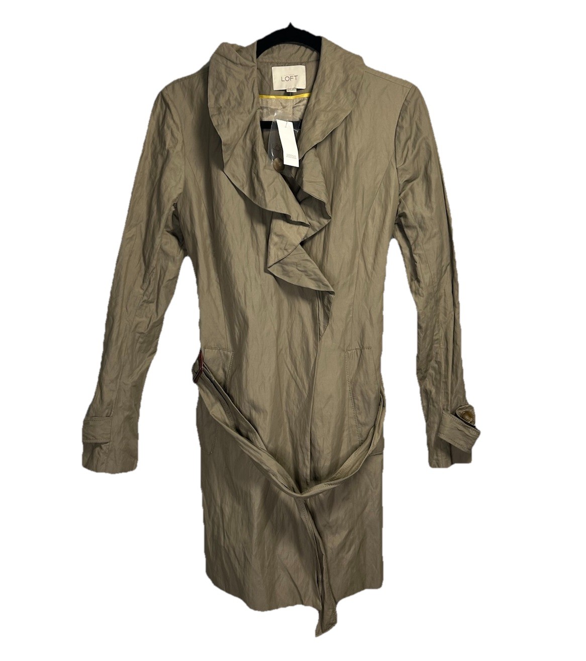 New Ann Taylor Loft Trench Coat Women’s Small Brown Belted Ruffle Neck Nylon New Ann Taylor Loft Trench Coat Women’s Small Brown Belted Ruffle Neck Nylon