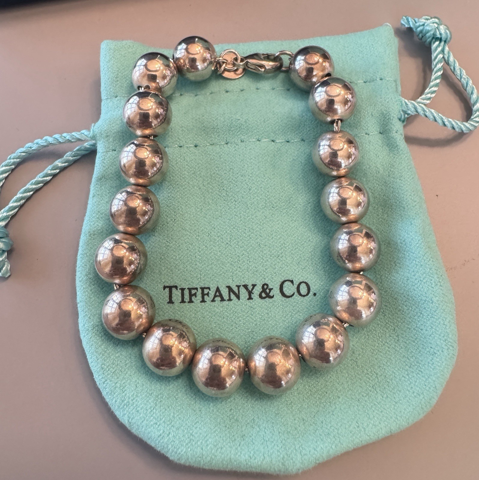 Tiffany & Co Sterling Silver 8mm Bead Bracelet 6 1.4” AG925 19.5g Box Pouch