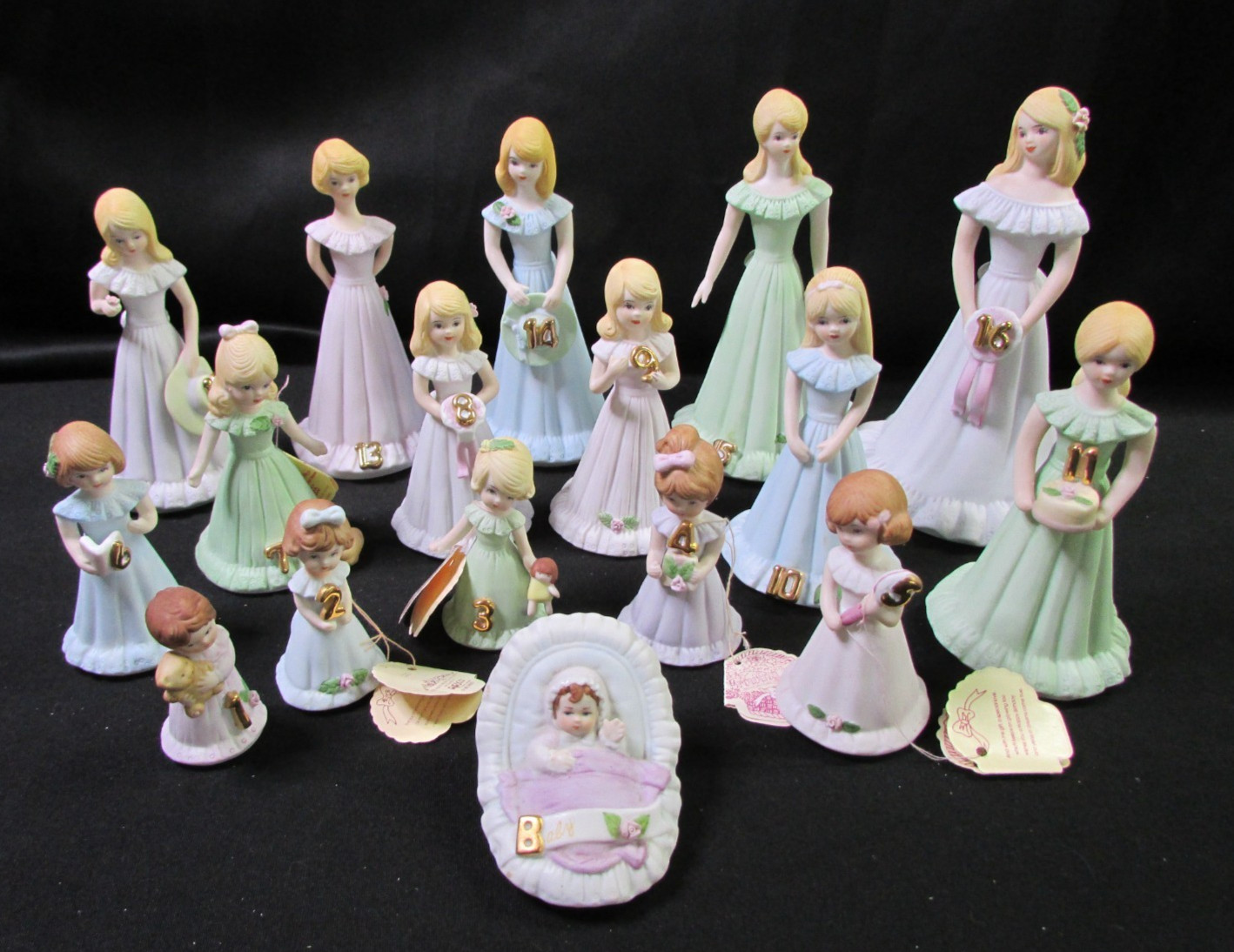 1981 Enesco Growing Up Birthday Girls Full 17 Pc Set Baby - 16 Blonde & Brunette