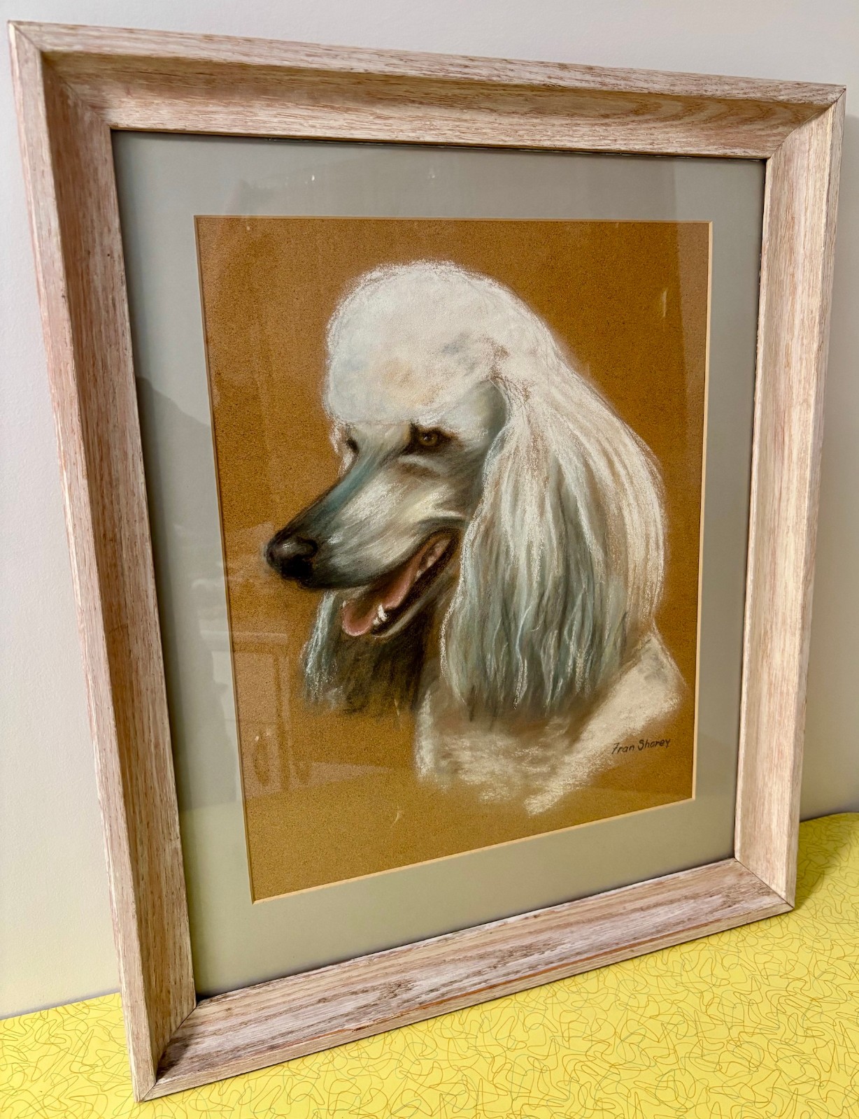 Vintage Fran Shorey Original Pastel White Poodle Dog Portrait Framed 18.5x23\