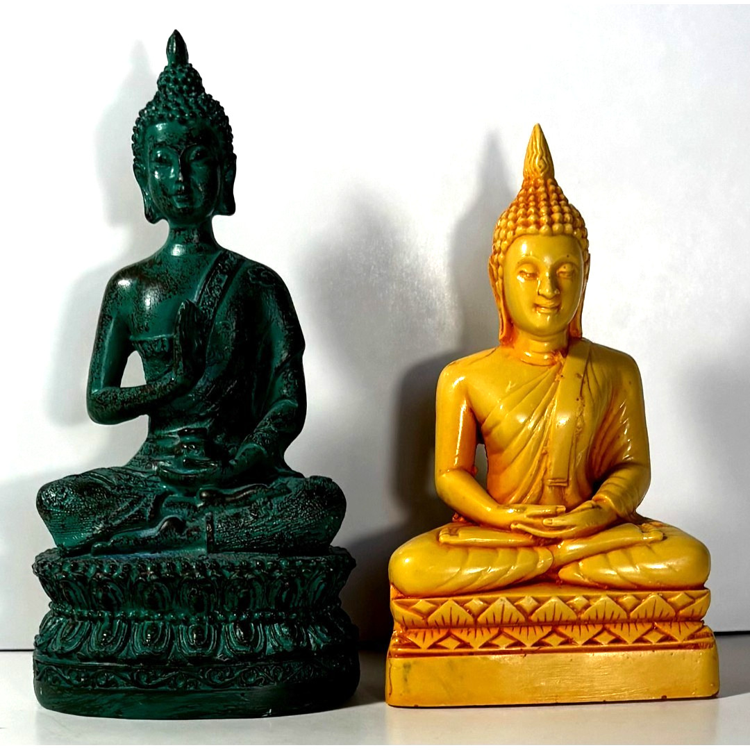 2 Thai Sitting Buddha Statue Home Decor Verdigris Blue Green Finish Asian Yellow