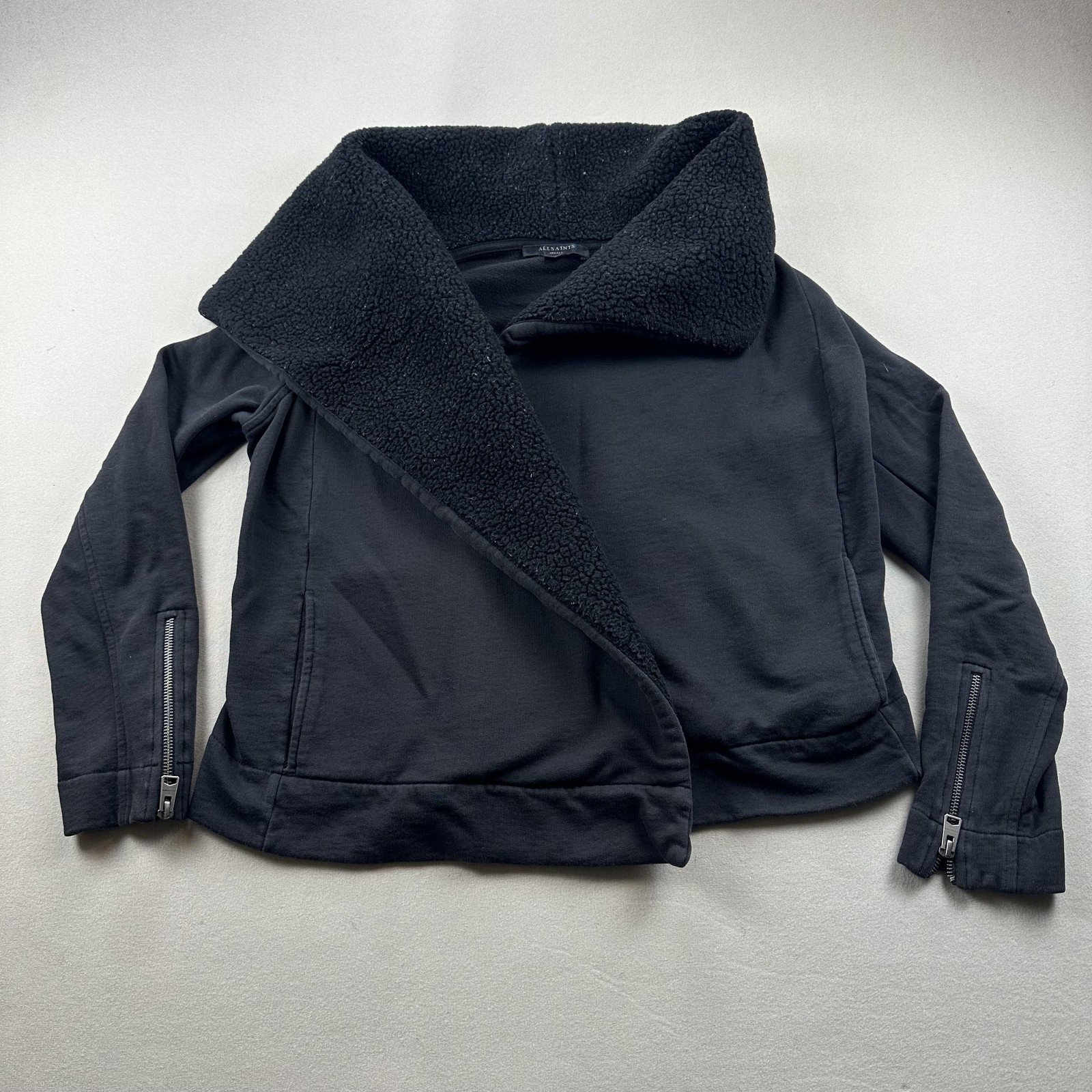 AllSaints Jacket Bora Biker Sweat Womens Small Black Sherpa Collar Zipper Sleeve