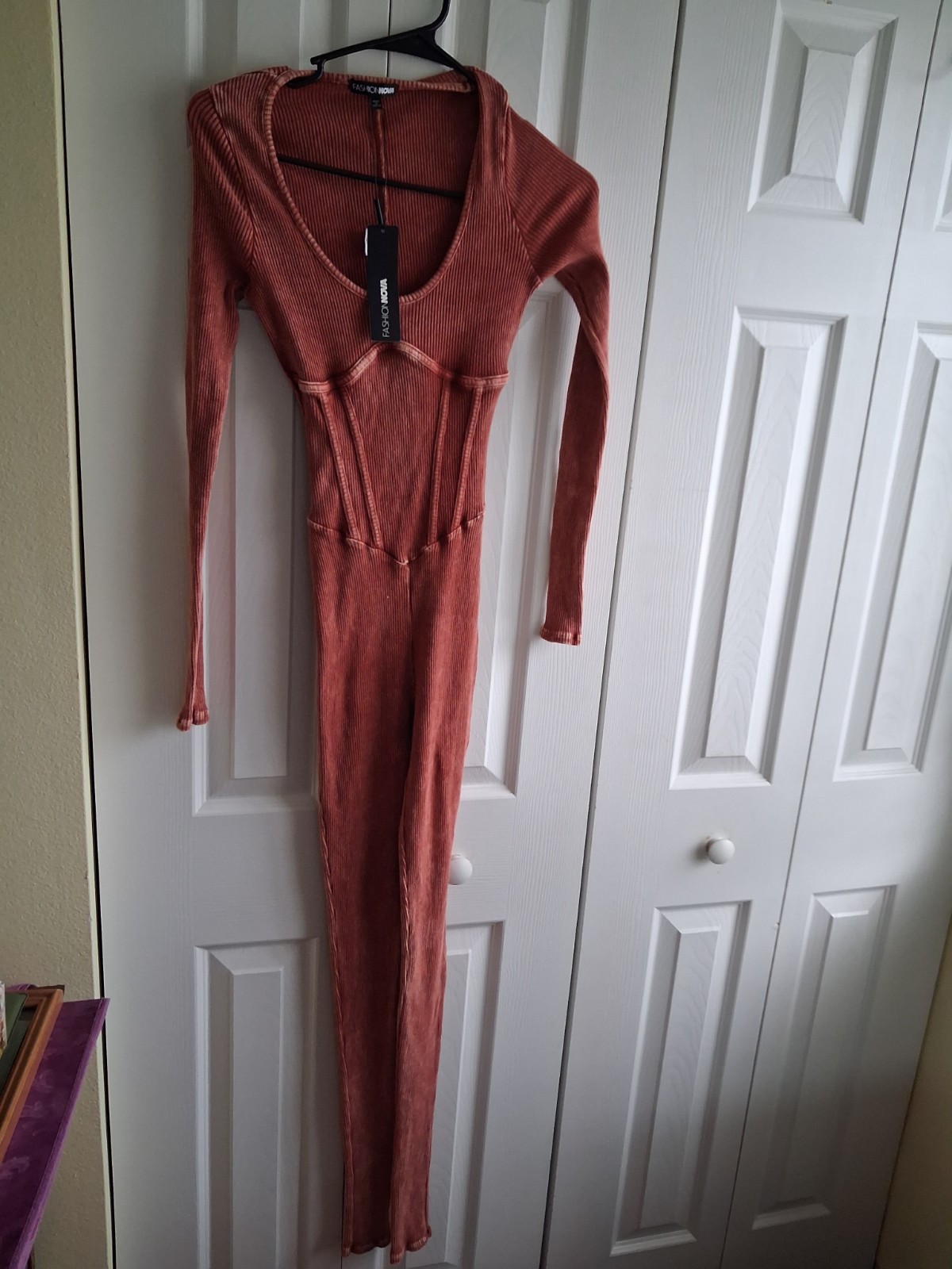 Fashion Nova Womens brown soft thin stretch long sleeve jumpsuit Med NWT 