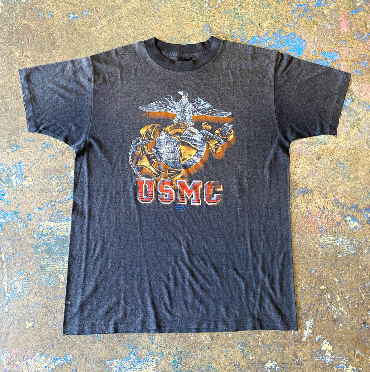 Vintage 3D Emblem USMC Men\'s Short Sleeve Military T-Shirt Single Stitch